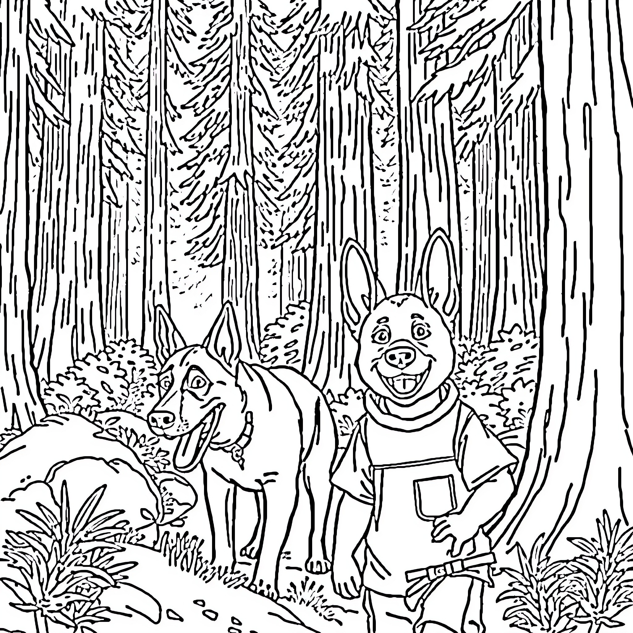Belgian Malinois Exploring the Enchanted Forest Coloring Page (free black-and-white line drawing printable PDF for all, from beginners to advanced learners, including children, teens, adults, and seniors)