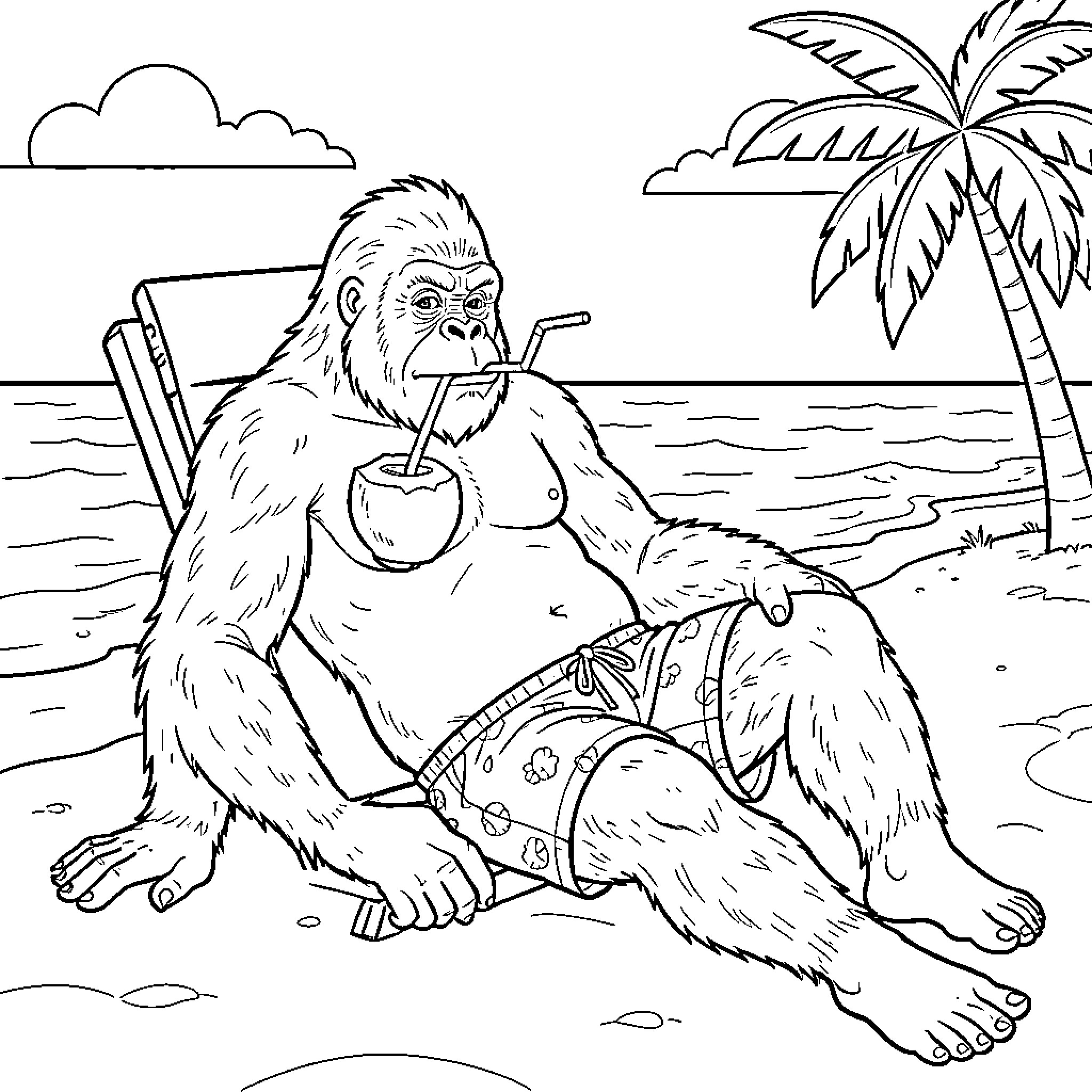 Sasquatch relaxing on the beach with a coconut drink Coloring Page (free black-and-white line drawing printable PDF for all, from beginners to advanced learners, including children, teens, adults, and seniors)