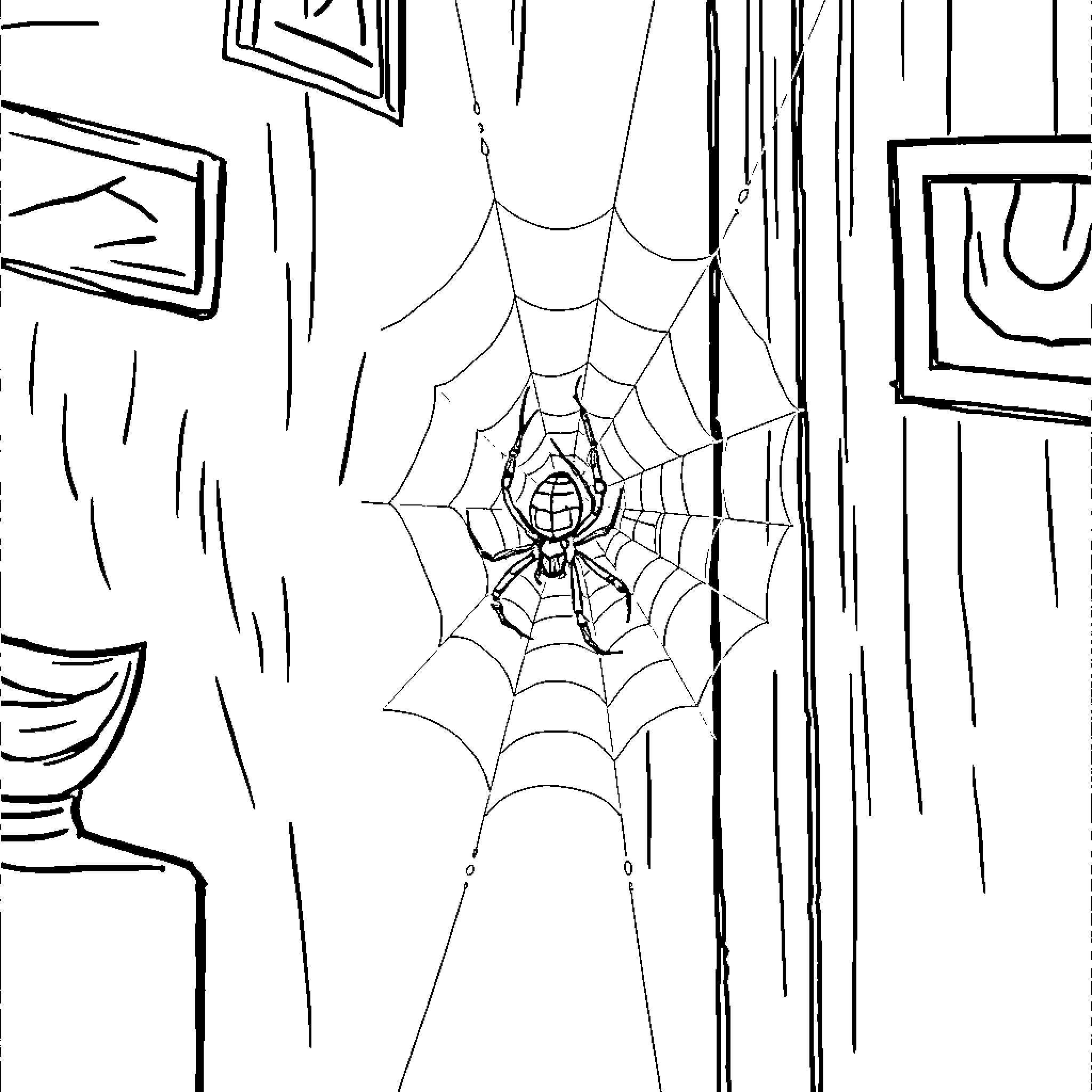 Spider Weaving a Spiderweb in Haunted Room Coloring Page (free black-and-white line drawing printable PDF for all, from beginners to advanced learners, including children, teens, adults, and seniors)
