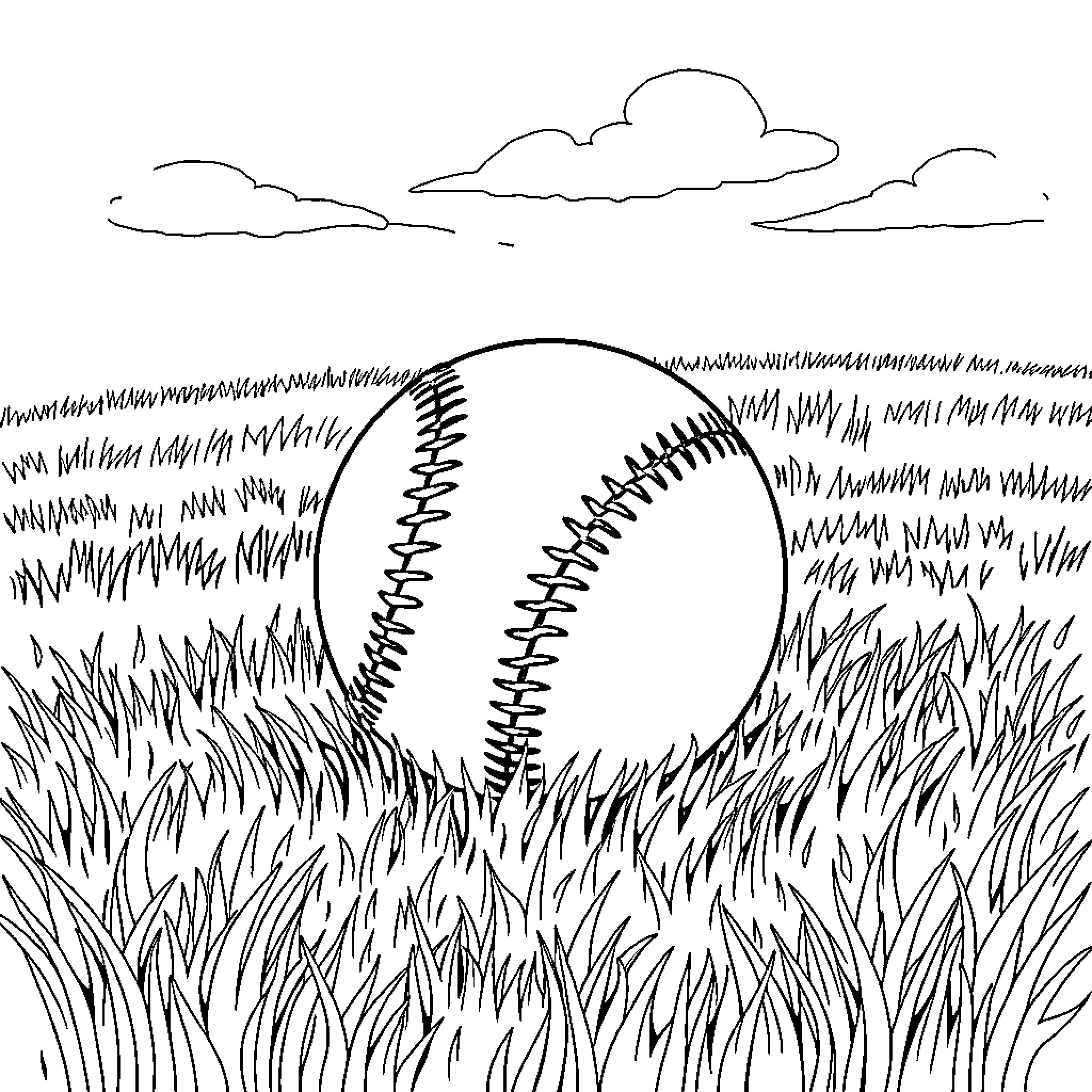 Baseball in the Grass Field Coloring Page (free black-and-white line drawing printable PDF for all, from beginners to advanced learners, including children, teens, adults, and seniors)