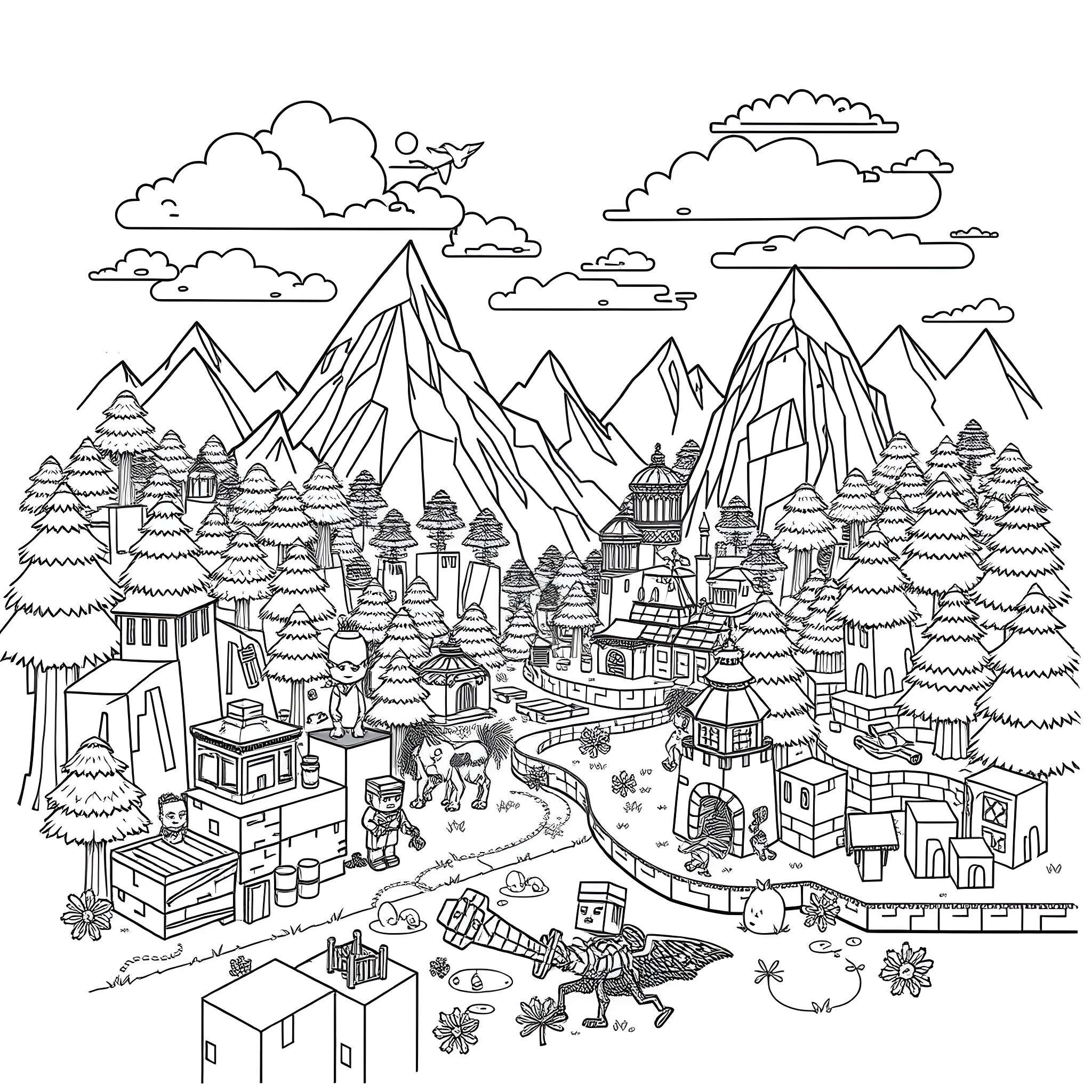 Minecraft fantasy landscape with mountains, trees, and buildings Coloring Page (free black-and-white line drawing printable PDF for all, from beginners to advanced learners, including children, teens, adults, and seniors)