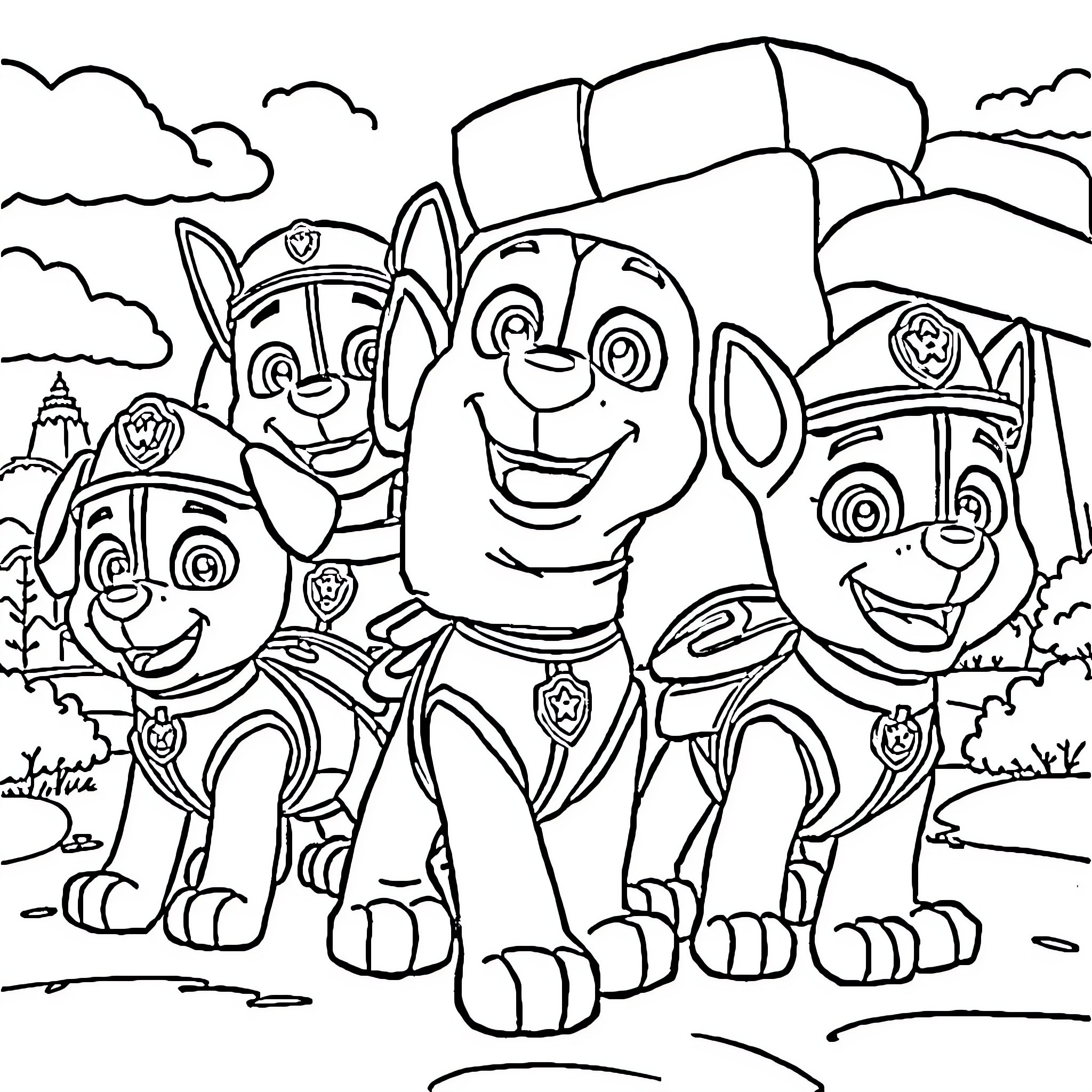 Paw Patrol pups on an adventure Coloring Page (free black-and-white line drawing printable PDF for all, from beginners to advanced learners, including children, teens, adults, and seniors)