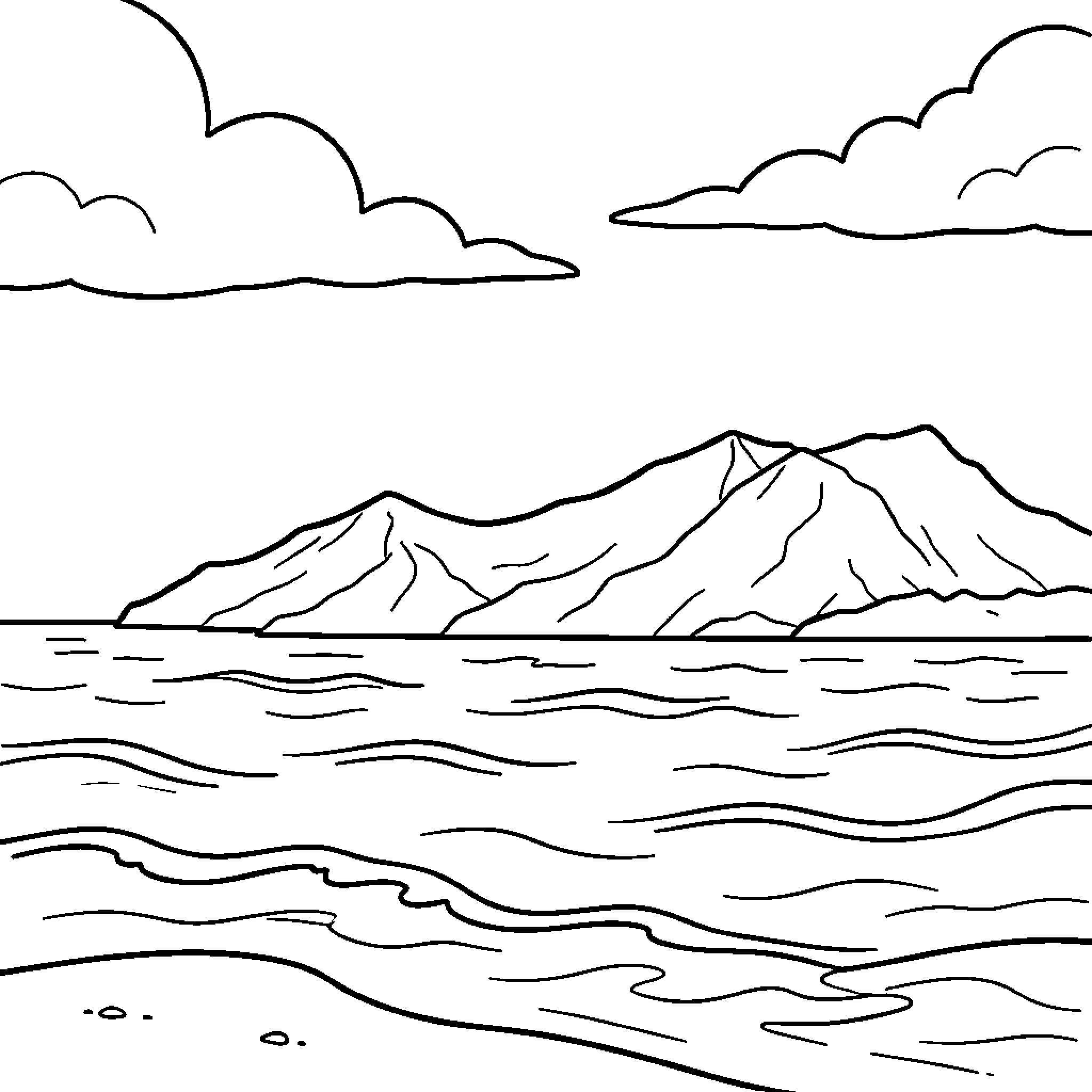 Viento: Serene Landscape with Mountains and Clouds Coloring Page (free black-and-white line drawing printable PDF for all, from beginners to advanced learners, including children, teens, adults, and seniors)