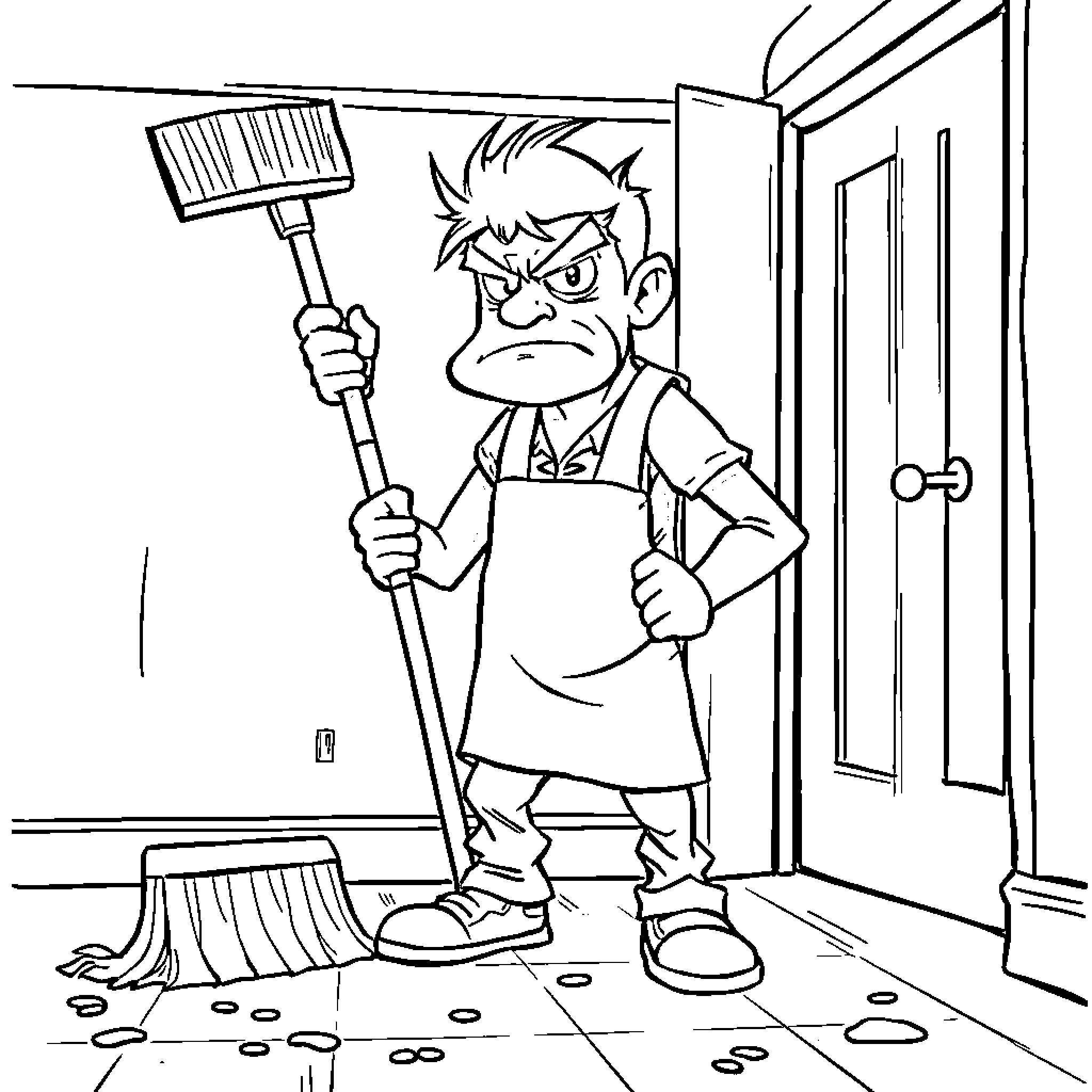 Cleaner frustrated with messy environment Coloring Page (free black-and-white line drawing printable PDF for all, from beginners to advanced learners, including children, teens, adults, and seniors)