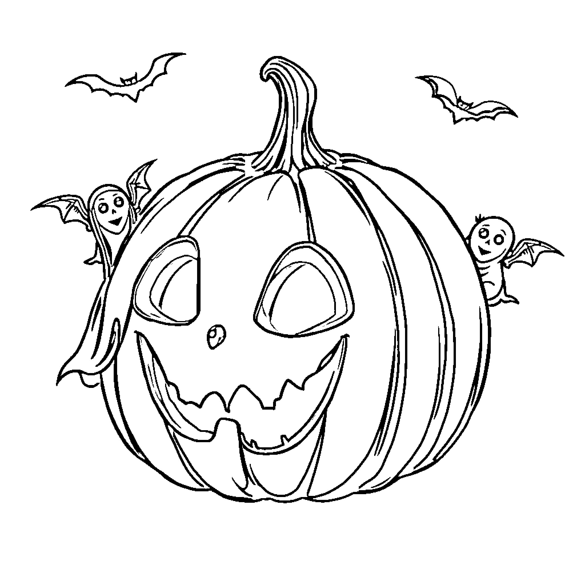Halloween Pumpkin with Playful Bats Coloring Page (free black-and-white line drawing printable PDF for all, from beginners to advanced learners, including children, teens, adults, and seniors)