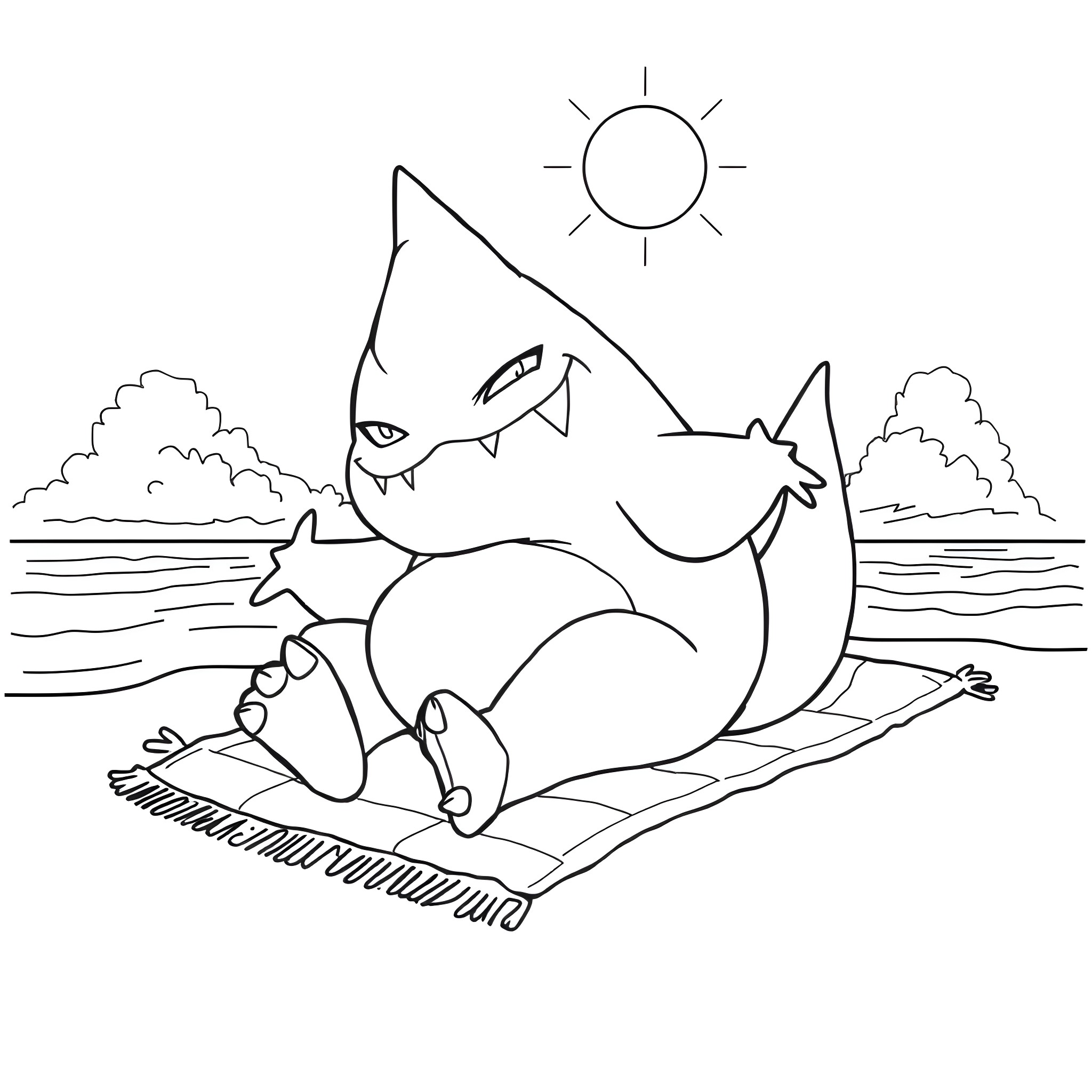 Gengar relaxing on the beach Coloring Page (free black-and-white line drawing printable PDF for all, from beginners to advanced learners, including children, teens, adults, and seniors)