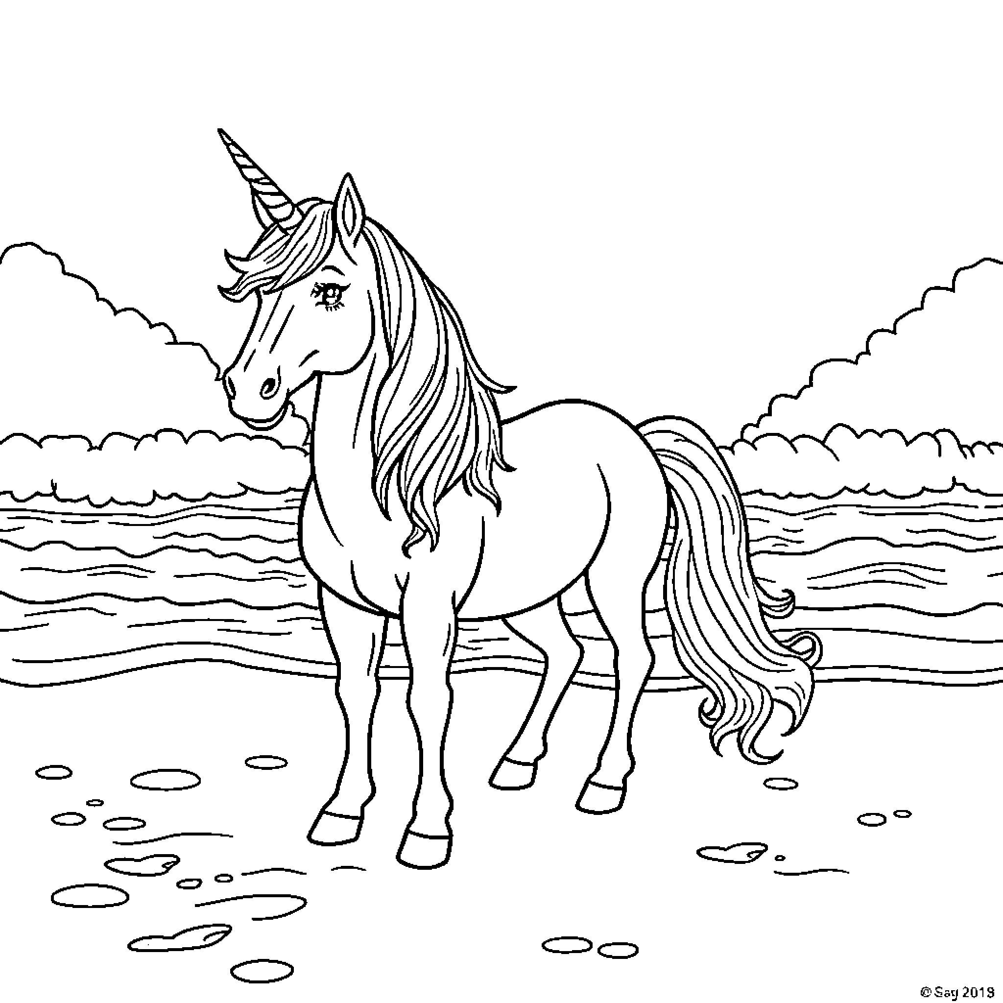Unicorn gazing majestically at the shoreline Coloring Page (free black-and-white line drawing printable PDF for all, from beginners to advanced learners, including children, teens, adults, and seniors)