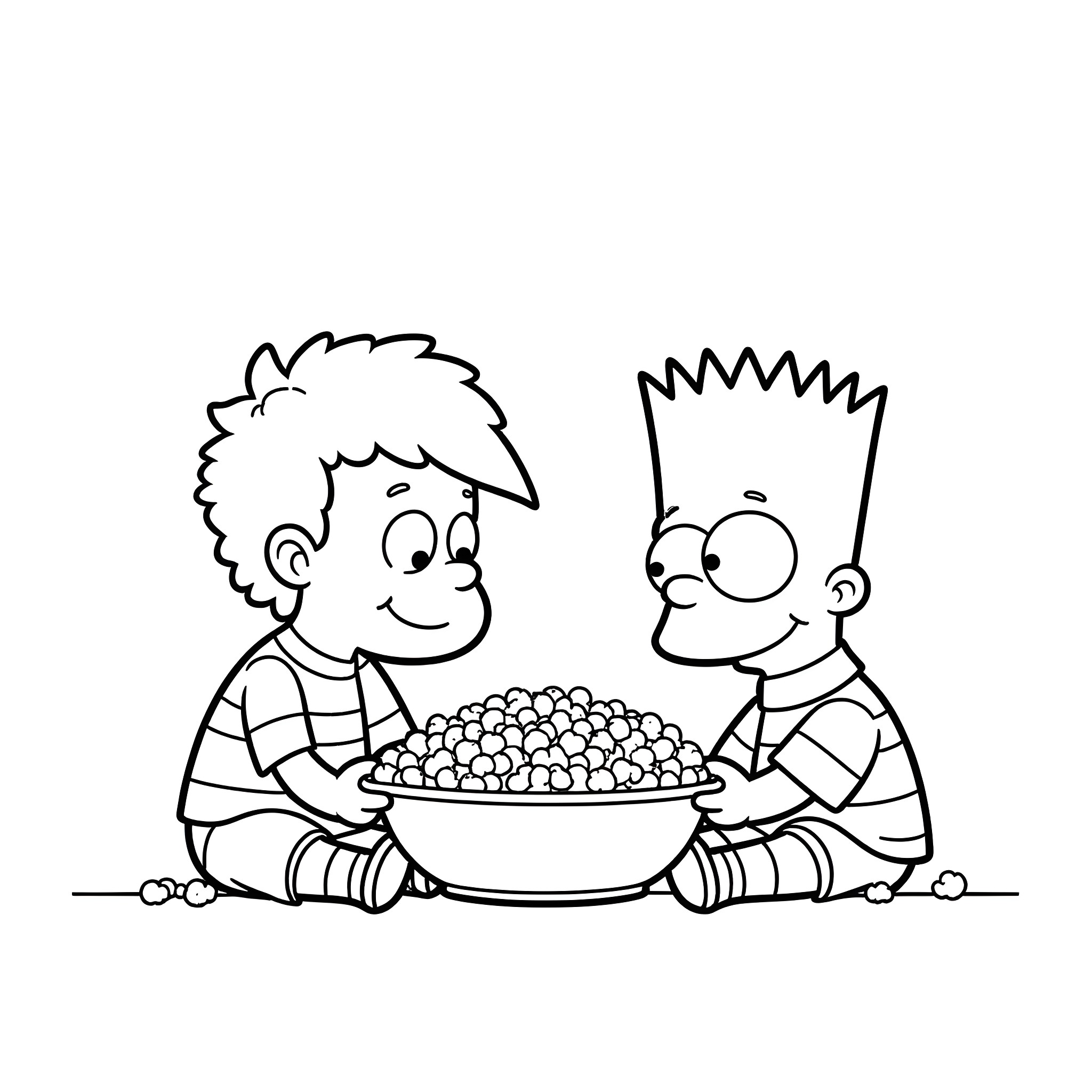 Tommy and Bart sharing a bowl of snacks Coloring Page (free black-and-white line drawing printable PDF for all, from beginners to advanced learners, including children, teens, adults, and seniors)