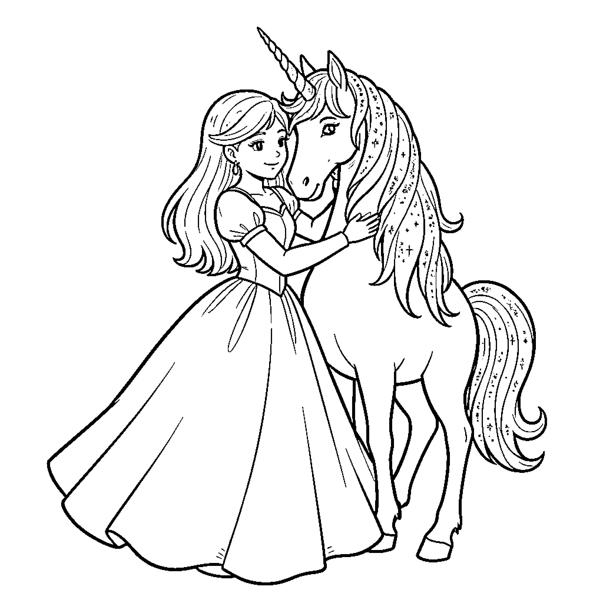 Princess embracing her magical unicorn companion Coloring Page (free black-and-white line drawing printable PDF for all, from beginners to advanced learners, including children, teens, adults, and seniors)