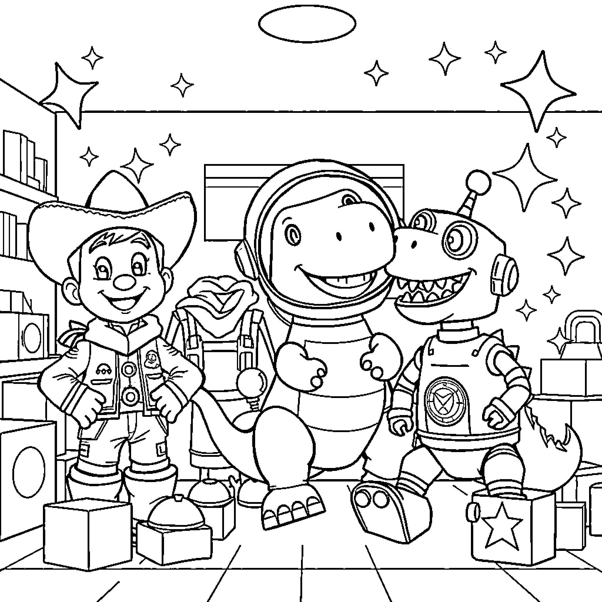 Toy Astronauts and Robots Explore Outer Space Coloring Page (free black-and-white line drawing printable PDF for all, from beginners to advanced learners, including children, teens, adults, and seniors)