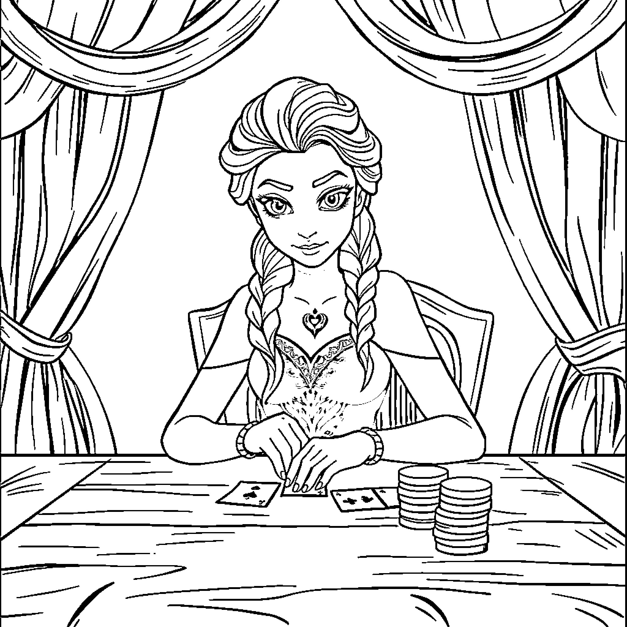 Elsa playing cards in a grand room Coloring Page (free black-and-white line drawing printable PDF for all, from beginners to advanced learners, including children, teens, adults, and seniors)