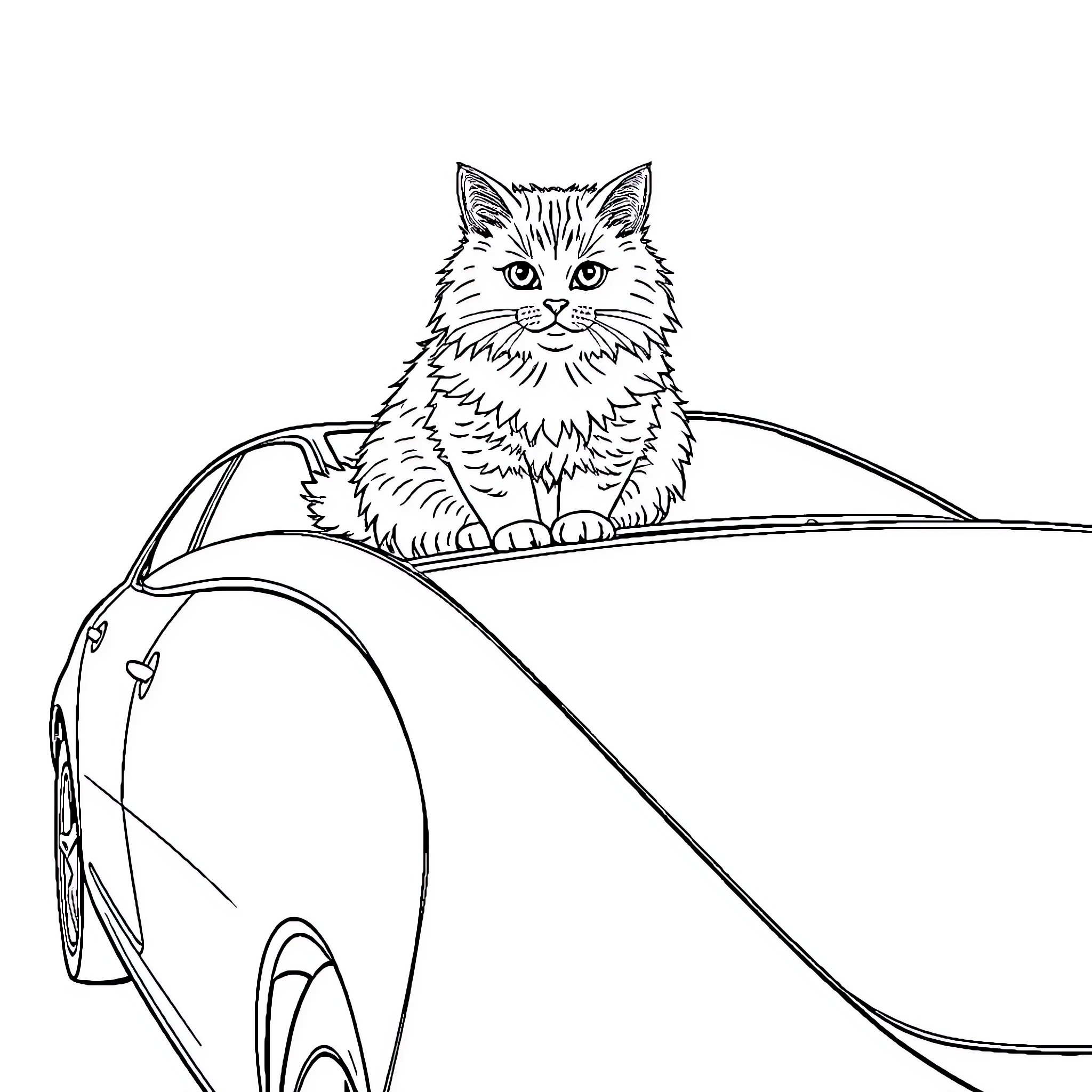 Cat sitting on a car Coloring Page (free black-and-white line drawing printable PDF for all, from beginners to advanced learners, including children, teens, adults, and seniors)