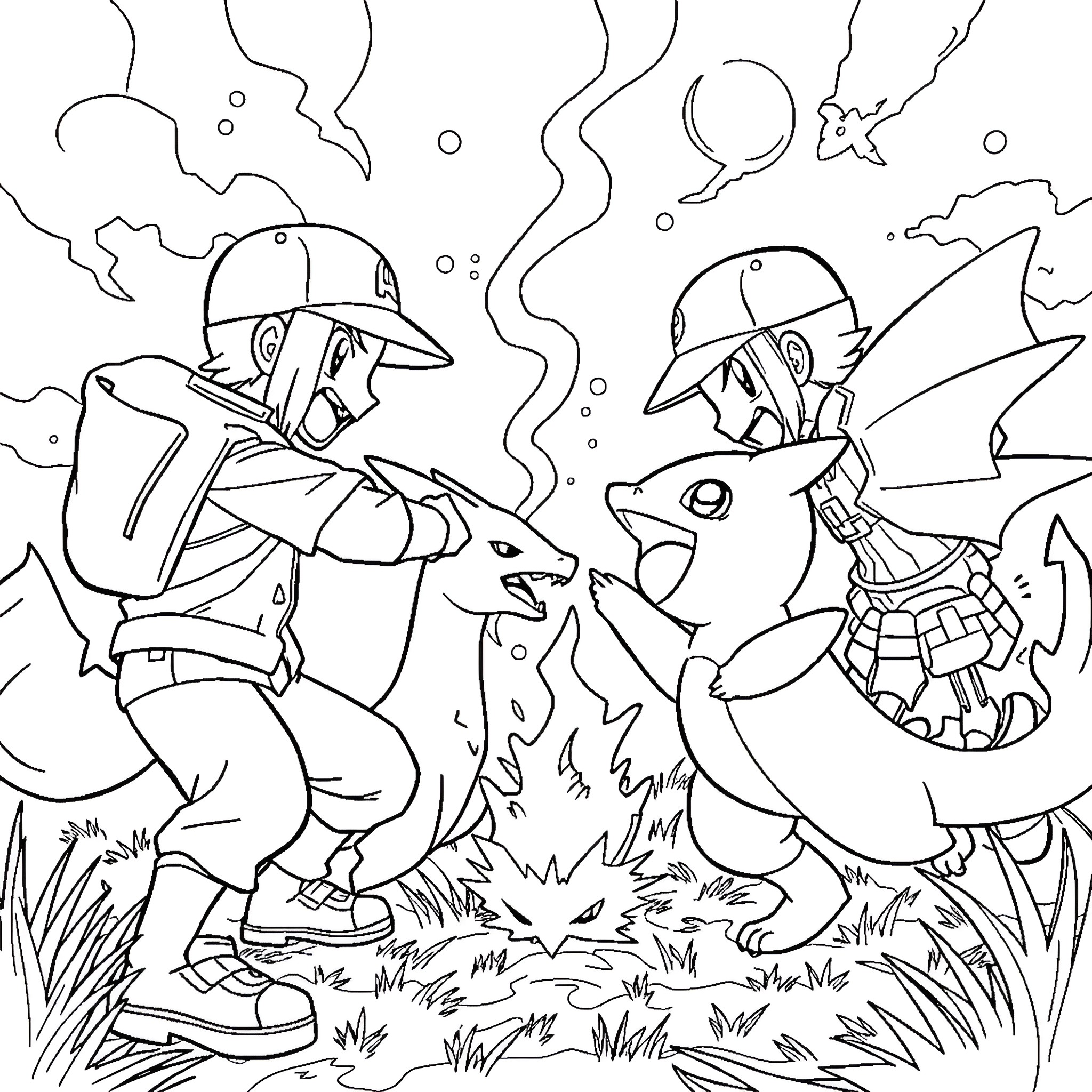 Pokémon Trainers Exploring the Wilderness Coloring Page (free black-and-white line drawing printable PDF for all, from beginners to advanced learners, including children, teens, adults, and seniors)