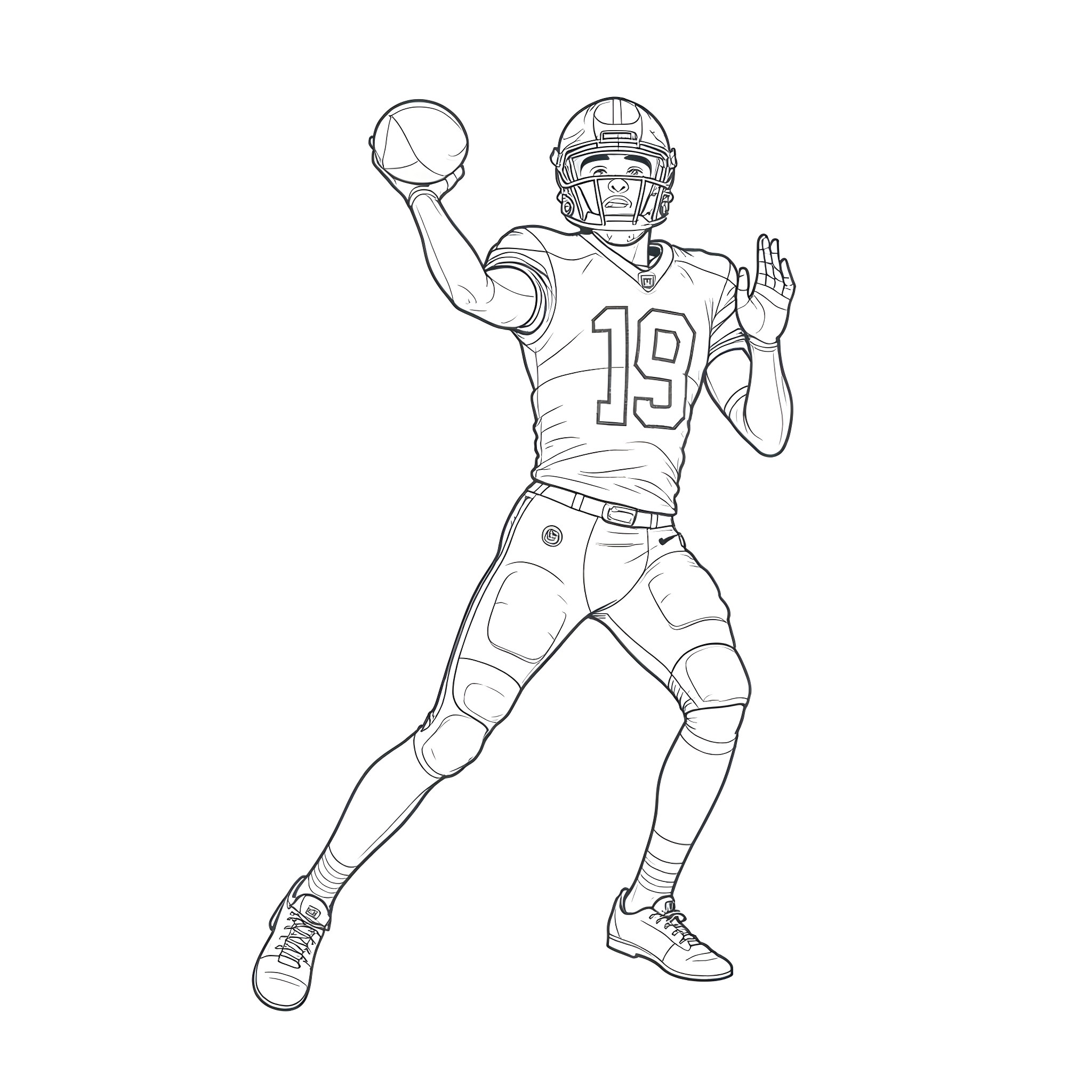 Lamar Jackson preparing to throw a pass Coloring Page (free black-and-white line drawing printable PDF for all, from beginners to advanced learners, including children, teens, adults, and seniors)