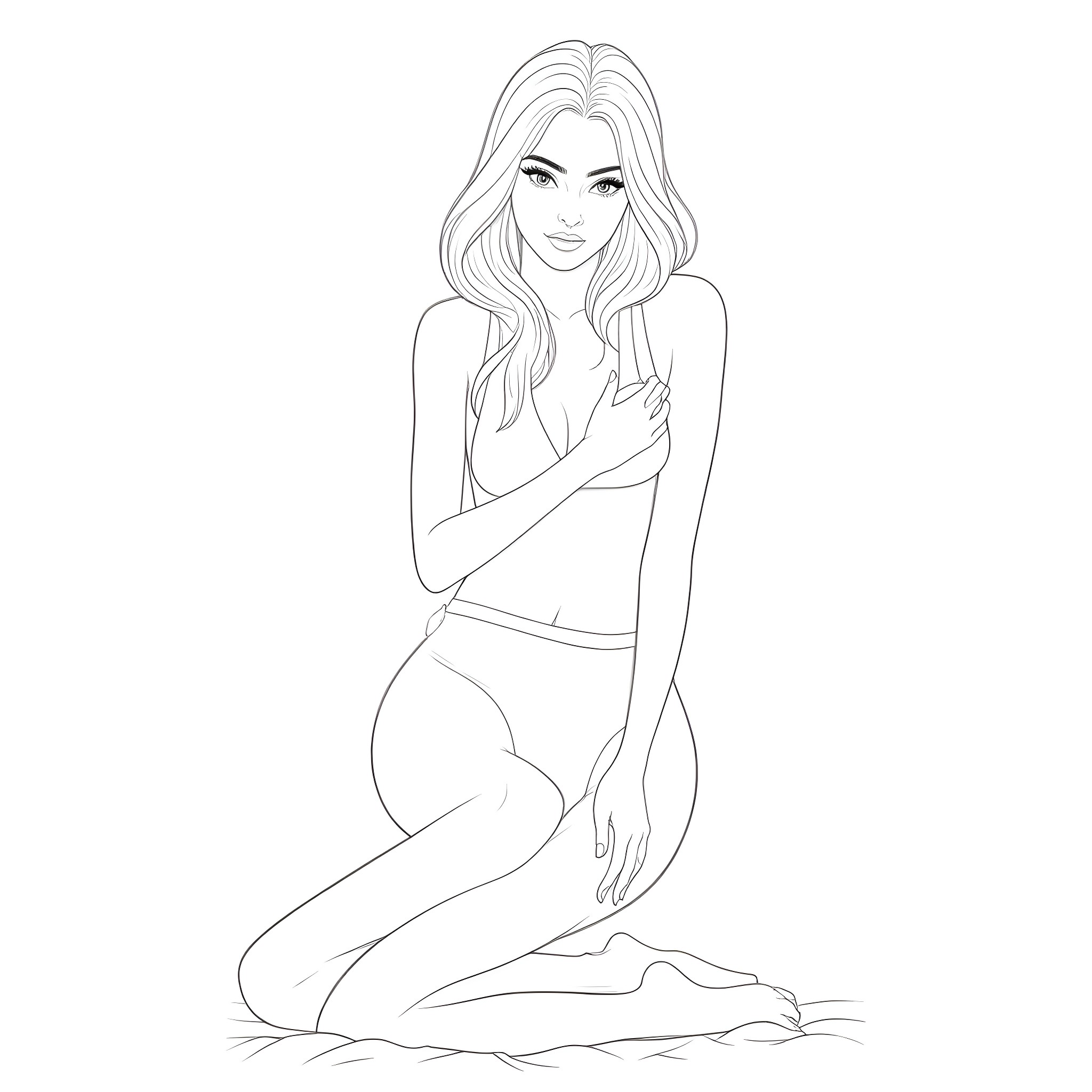 Model with flowing hair in a seated pose Coloring Page (free black-and-white line drawing printable PDF for all, from beginners to advanced learners, including children, teens, adults, and seniors)