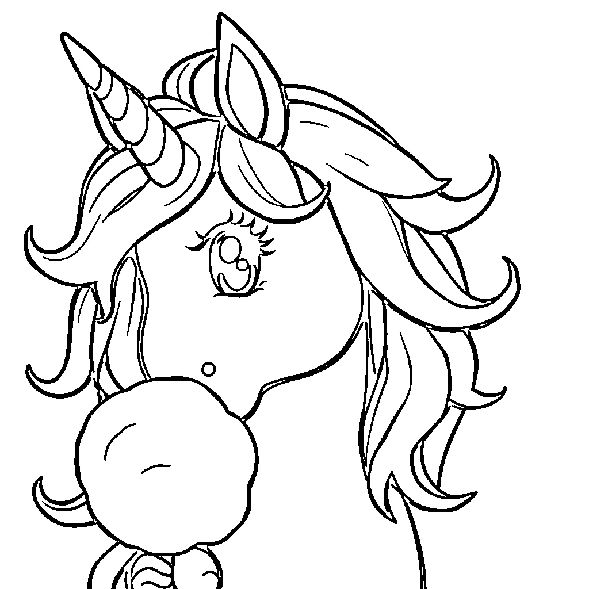 Unicorn with delightful expression and playful pose Coloring Page (free black-and-white line drawing printable PDF for all, from beginners to advanced learners, including children, teens, adults, and seniors)