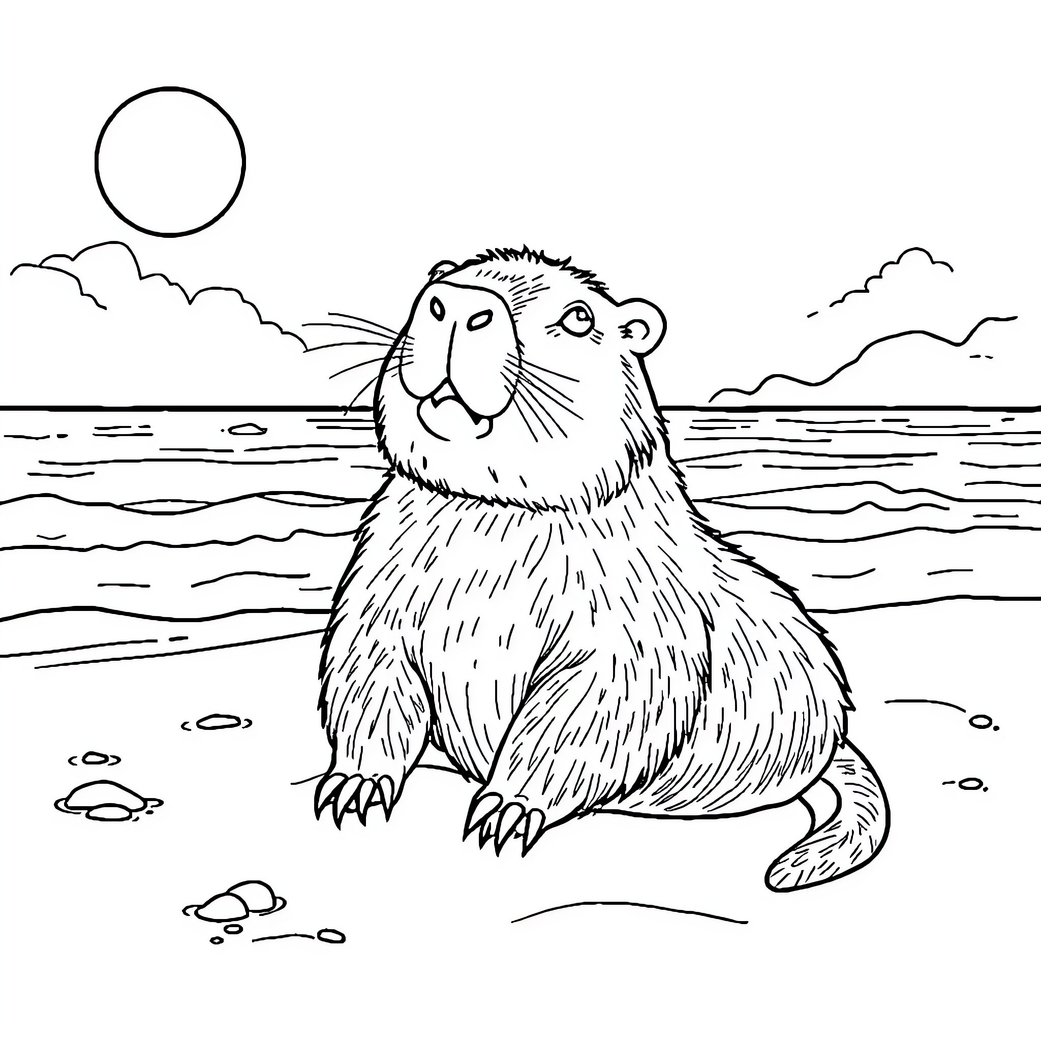 Capybara relaxing by the lake Coloring Page (free black-and-white line drawing printable PDF for all, from beginners to advanced learners, including children, teens, adults, and seniors)