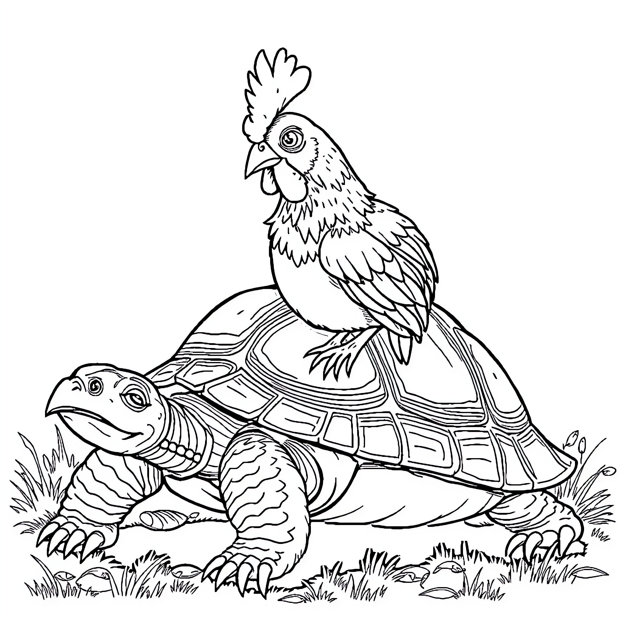 Chicken riding a turtle in the wild Coloring Page (free black-and-white line drawing printable PDF for all, from beginners to advanced learners, including children, teens, adults, and seniors)
