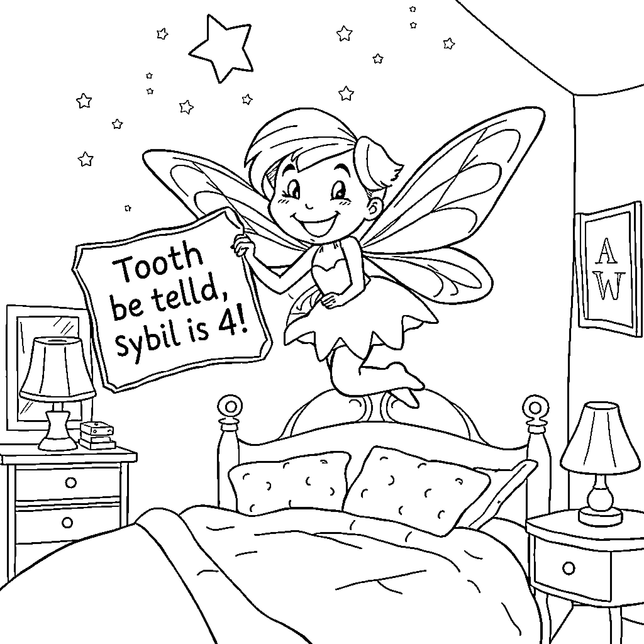 Tooth Fairy announces a birthday message Coloring Page (free black-and-white line drawing printable PDF for all, from beginners to advanced learners, including children, teens, adults, and seniors)