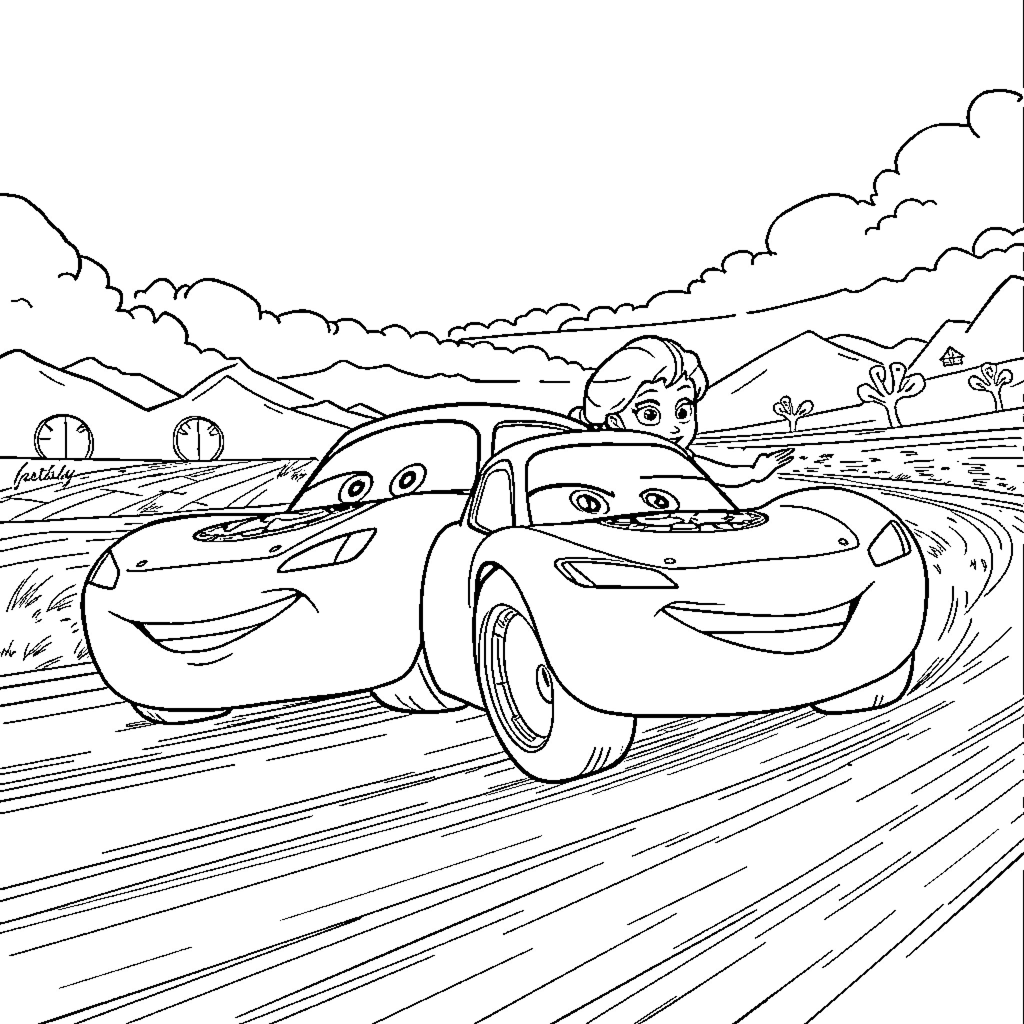 Lightning McQueen driving through the countryside Coloring Page (free black-and-white line drawing printable PDF for all, from beginners to advanced learners, including children, teens, adults, and seniors)