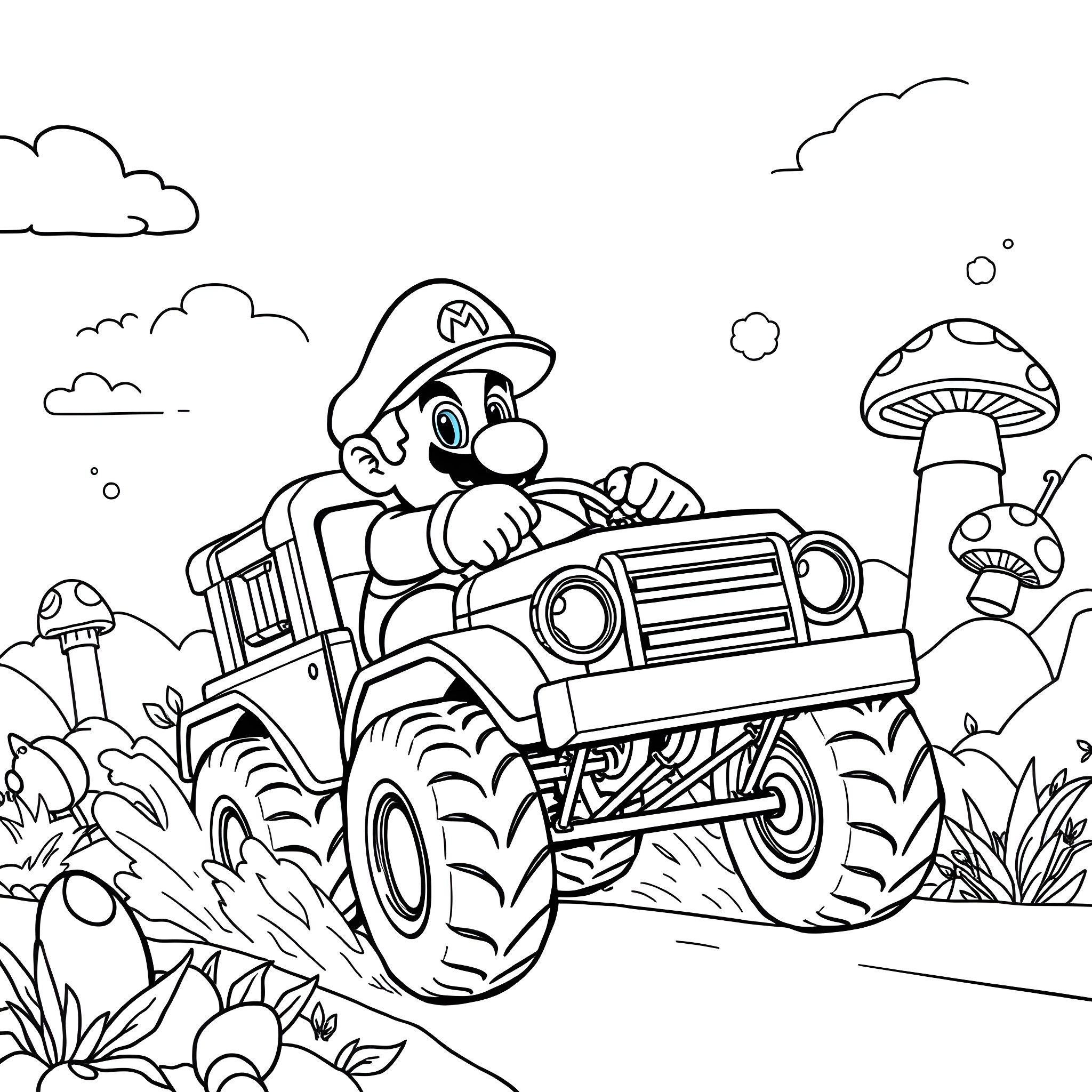 Mario Driving Off-Road Vehicle in Mushroom World Coloring Page (free black-and-white line drawing printable PDF for all, from beginners to advanced learners, including children, teens, adults, and seniors)
