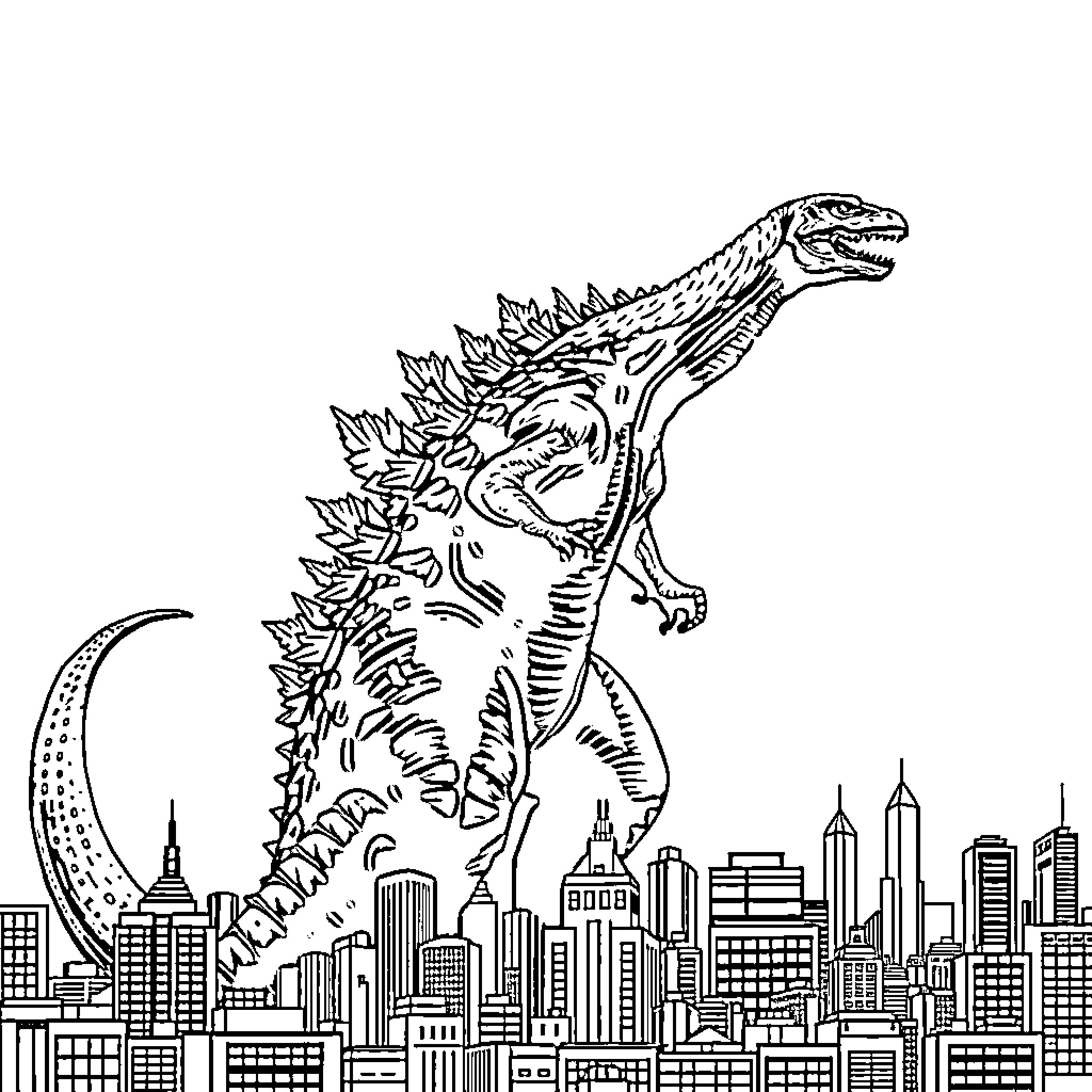 Godzilla Rampaging through the City Coloring Page (free black-and-white line drawing printable PDF for all, from beginners to advanced learners, including children, teens, adults, and seniors)