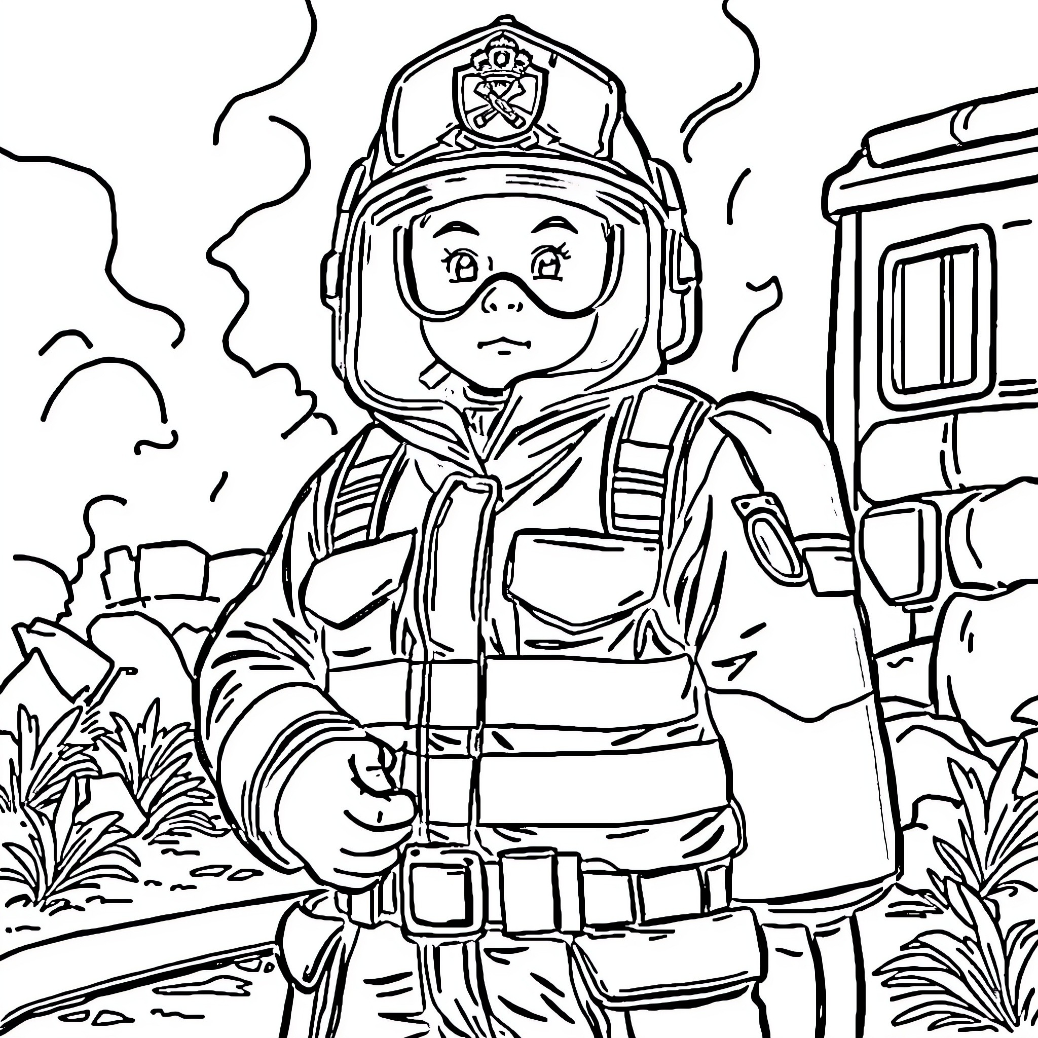 Firefighter battling blazes in a crisis situation Coloring Page (free black-and-white line drawing printable PDF for all, from beginners to advanced learners, including children, teens, adults, and seniors)