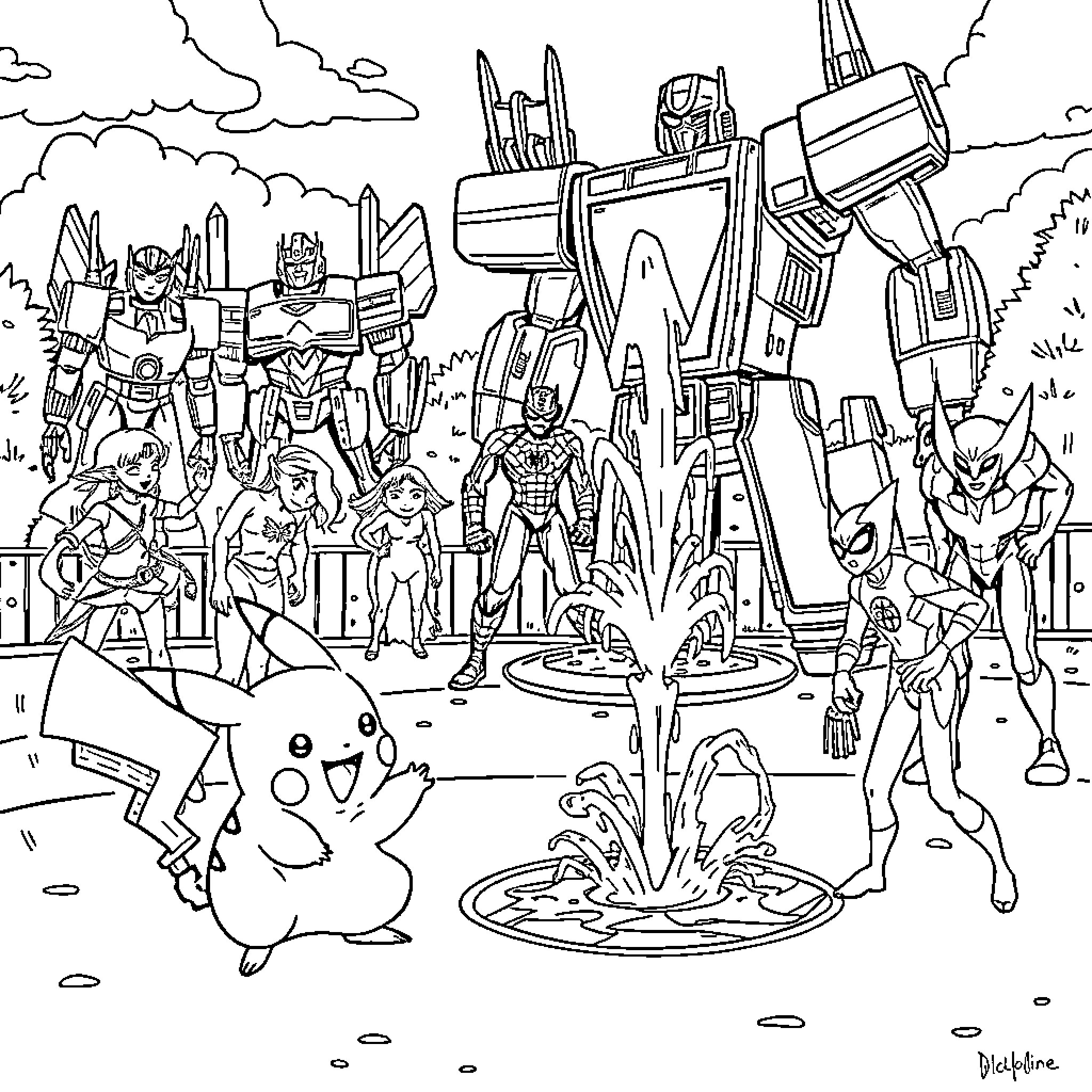Pikachu in an epic robot battle scene Coloring Page (free black-and-white line drawing printable PDF for all, from beginners to advanced learners, including children, teens, adults, and seniors)