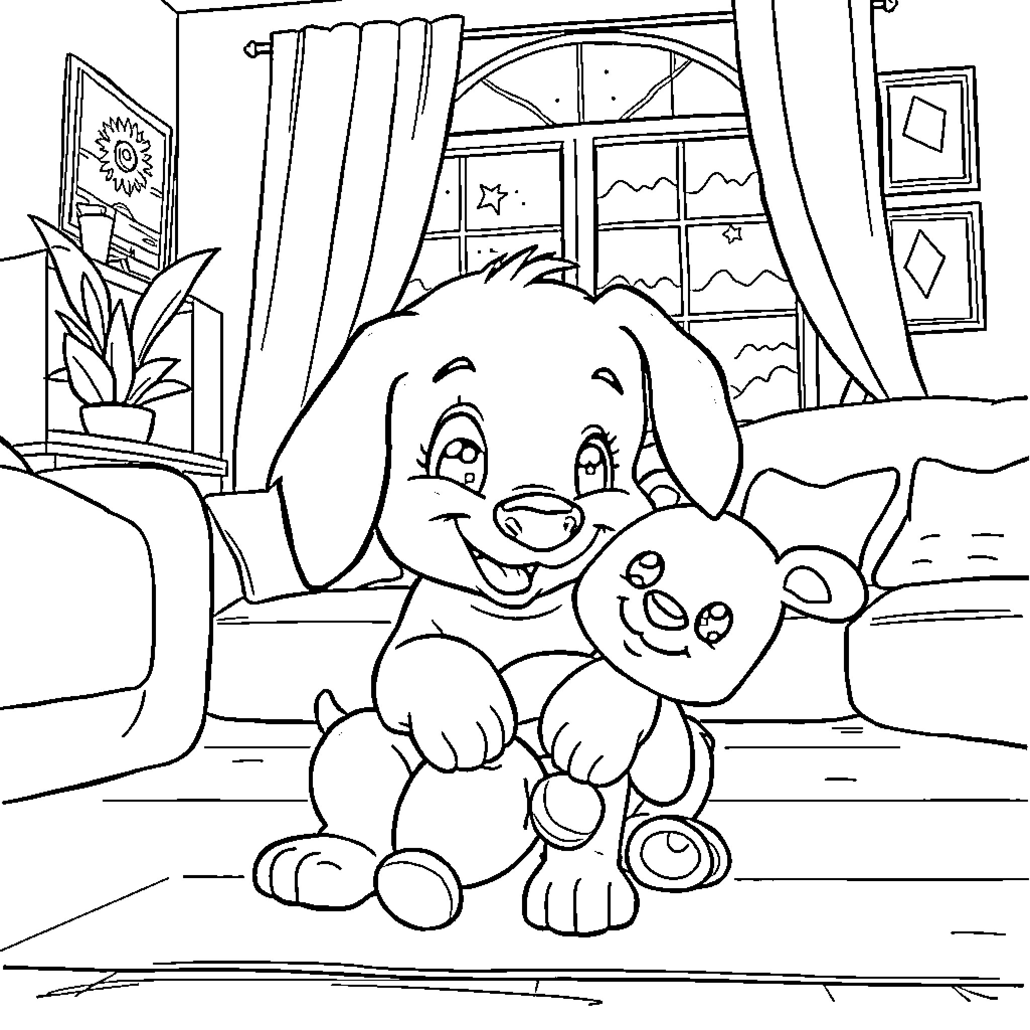 Bluey and Bingo playing happily at home Coloring Page (free black-and-white line drawing printable PDF for all, from beginners to advanced learners, including children, teens, adults, and seniors)