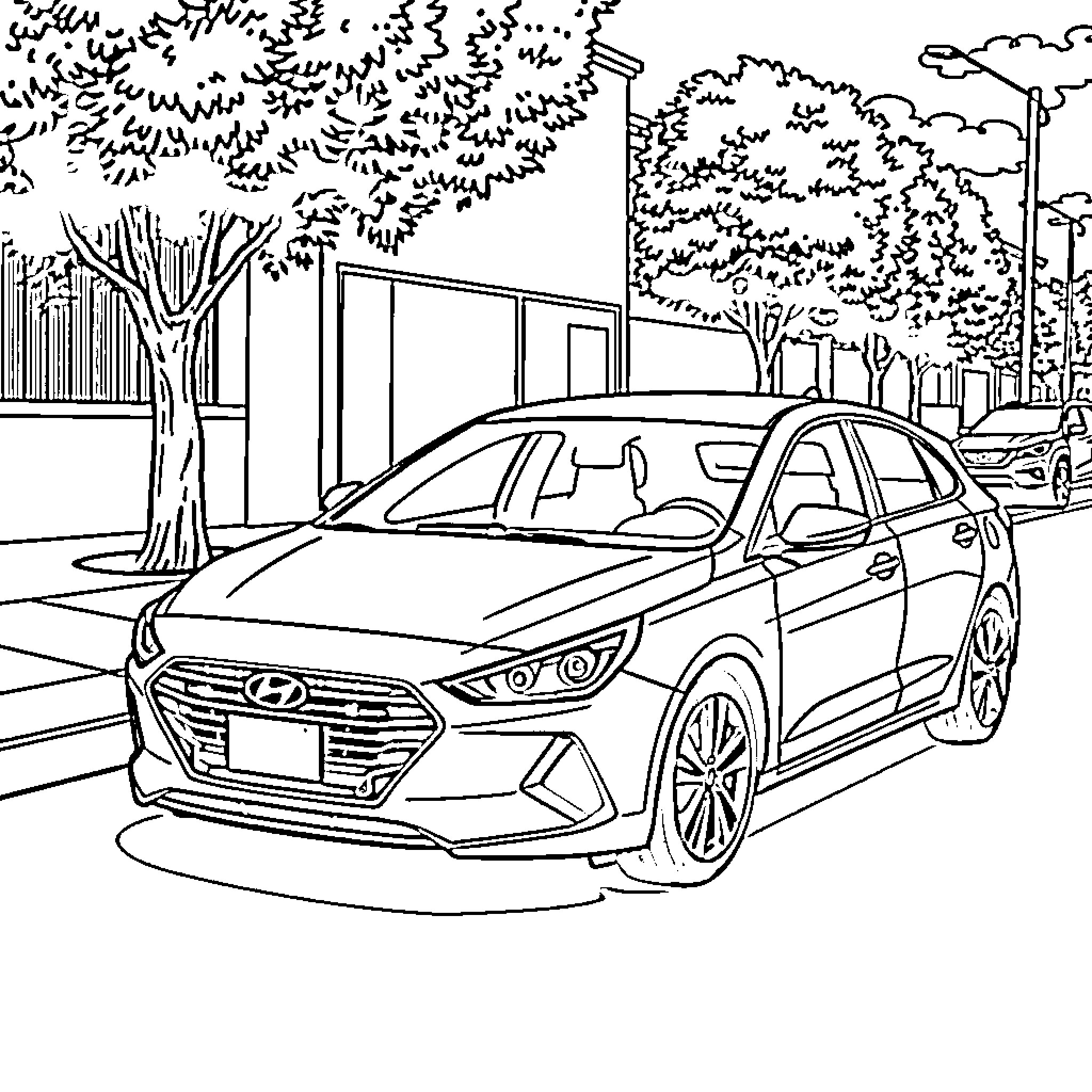 Hyundai i40 parked on a street lined with trees Coloring Page (free black-and-white line drawing printable PDF for all, from beginners to advanced learners, including children, teens, adults, and seniors)