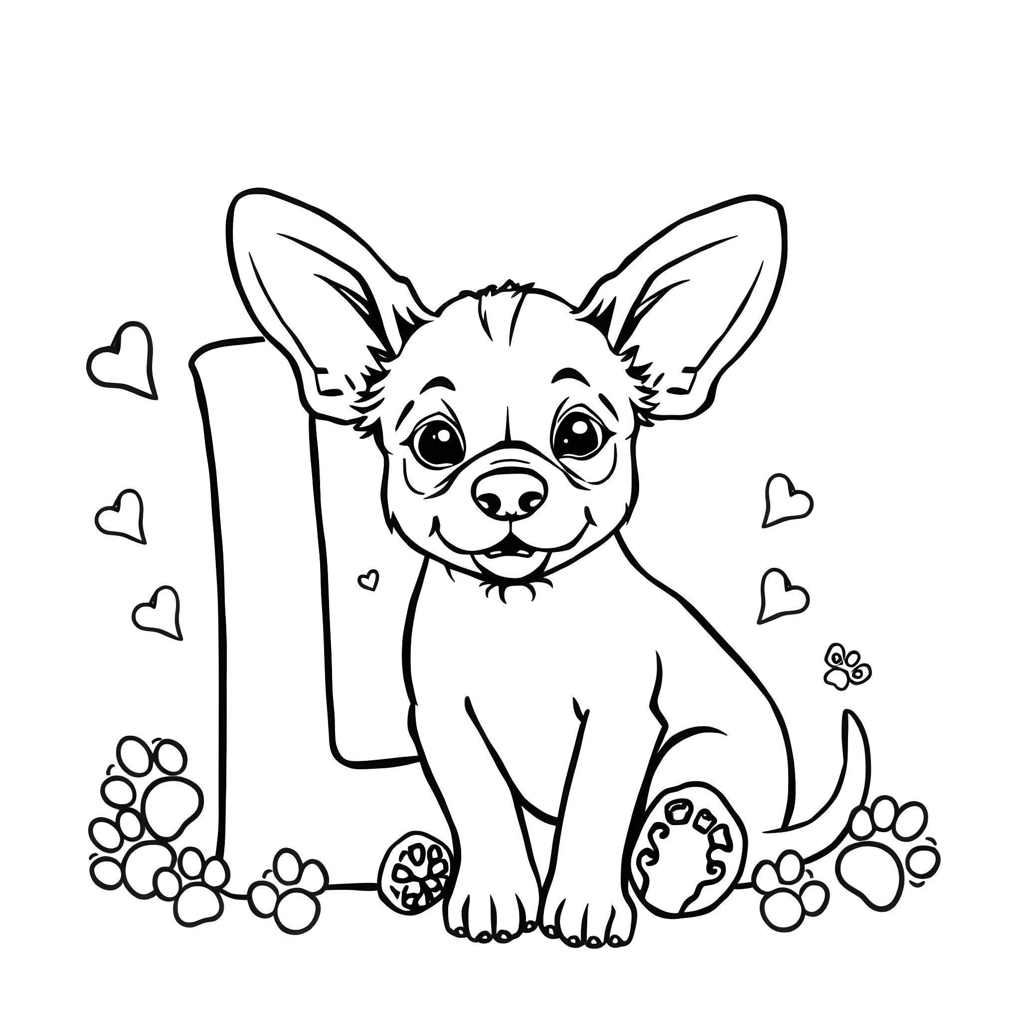 Dog playing happily with paw prints and hearts Coloring Page (free black-and-white line drawing printable PDF for all, from beginners to advanced learners, including children, teens, adults, and seniors)