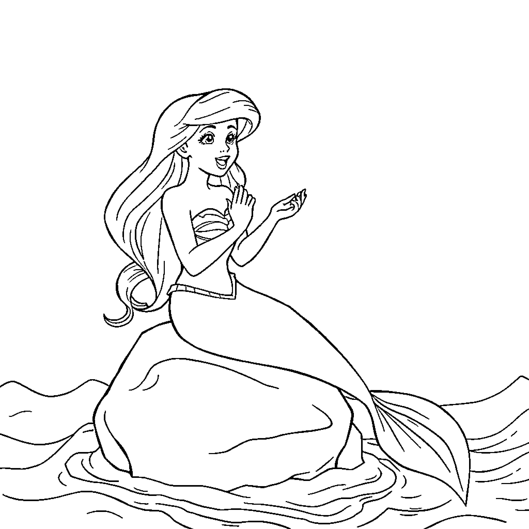 Ariel the Mermaid Swimming in the Ocean Coloring Page (free black-and-white line drawing printable PDF for all, from beginners to advanced learners, including children, teens, adults, and seniors)
