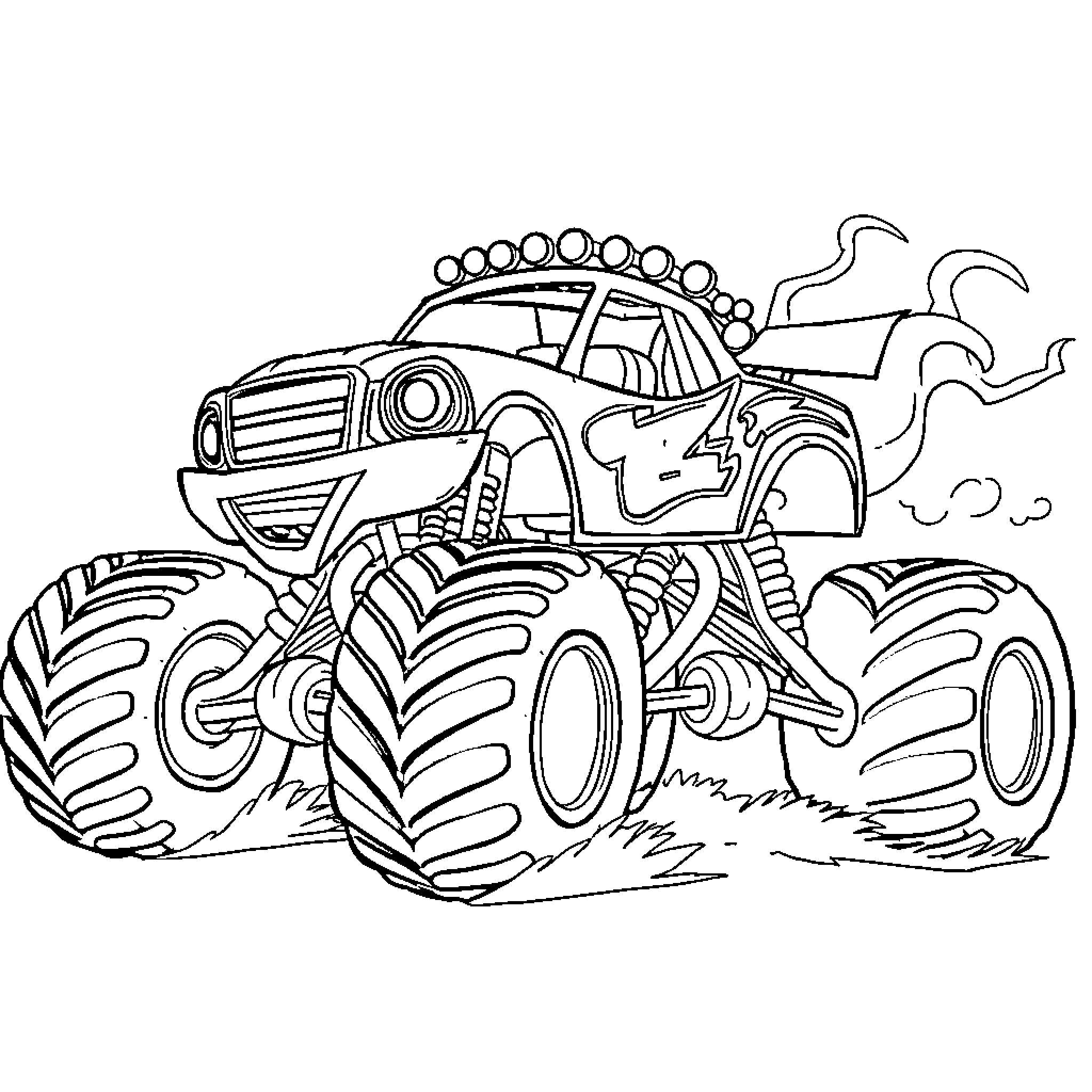 Blaze Racing Over Rugged Terrain Coloring Page (free black-and-white line drawing printable PDF for all, from beginners to advanced learners, including children, teens, adults, and seniors)