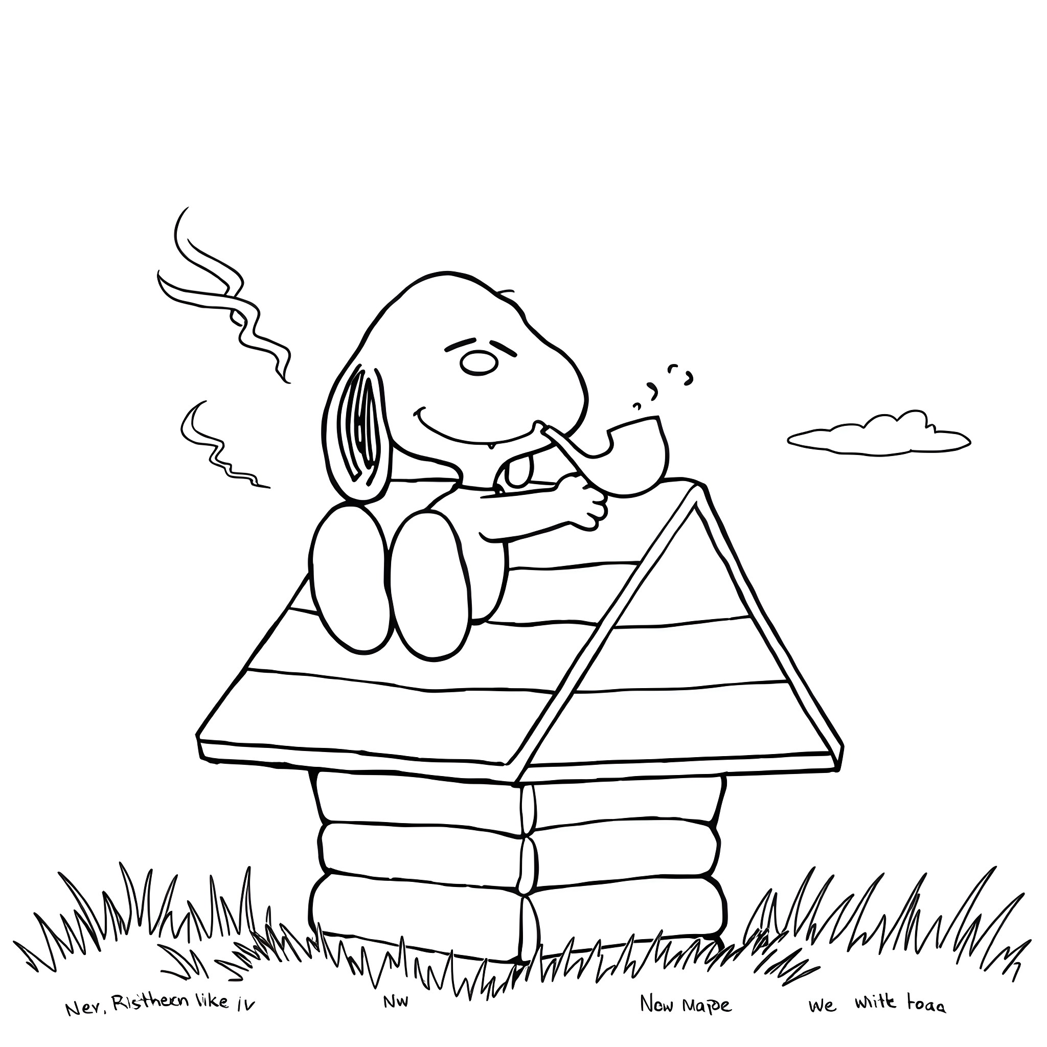 Snoopy relaxing on a doghouse in the countryside Coloring Page (free black-and-white line drawing printable PDF for all, from beginners to advanced learners, including children, teens, adults, and seniors)
