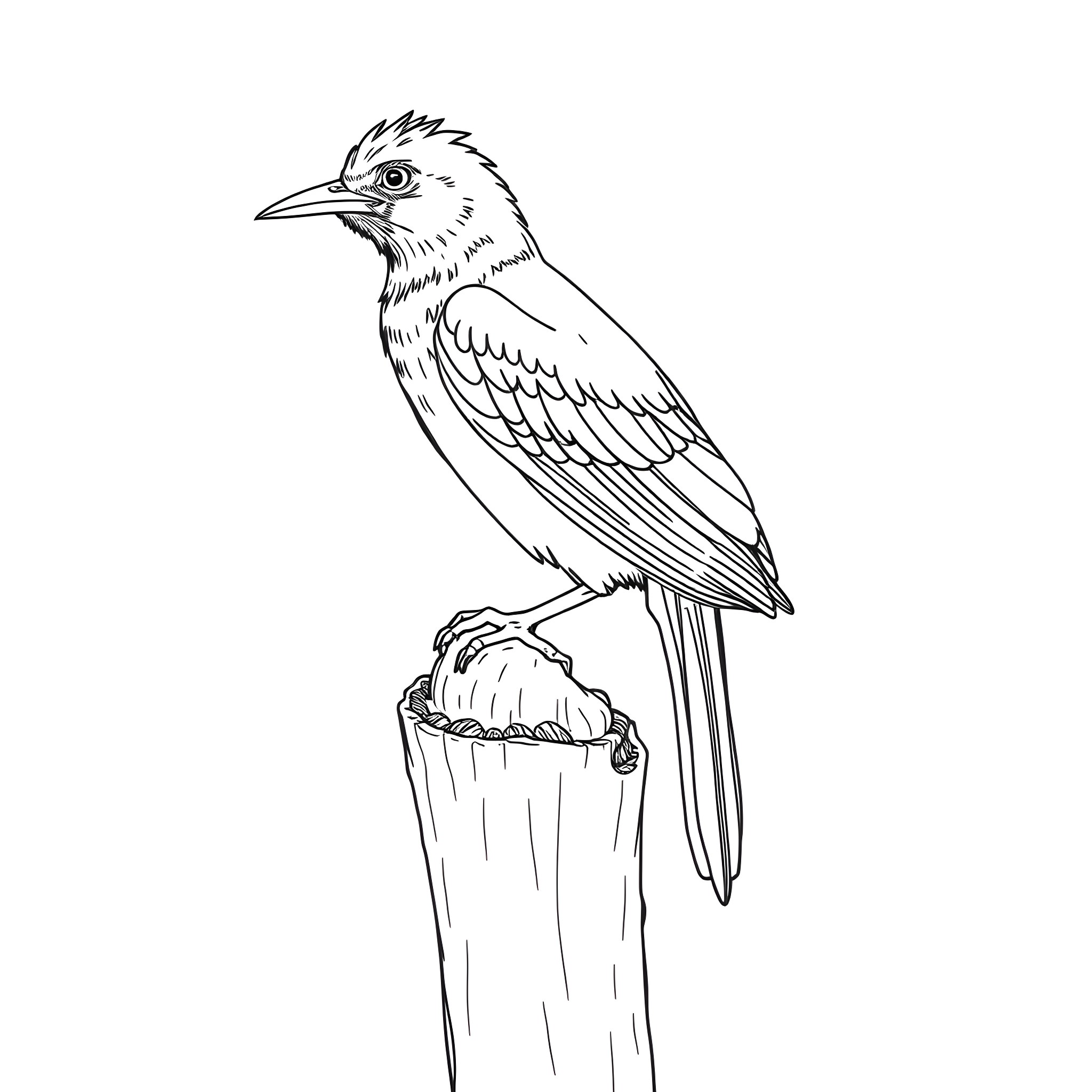 Avadavat perched on a wooden post Coloring Page (free black-and-white line drawing printable PDF for all, from beginners to advanced learners, including children, teens, adults, and seniors)
