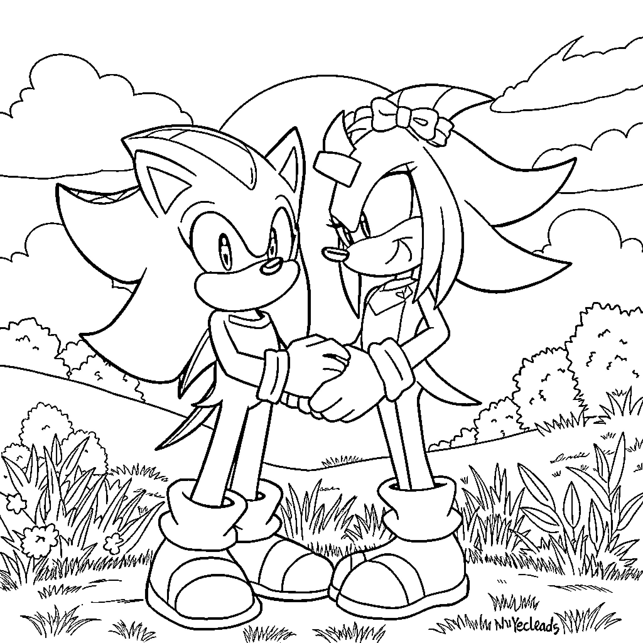 Shadow Friends Embrace in Playful Outdoors Coloring Page (free black-and-white line drawing printable PDF for all, from beginners to advanced learners, including children, teens, adults, and seniors)