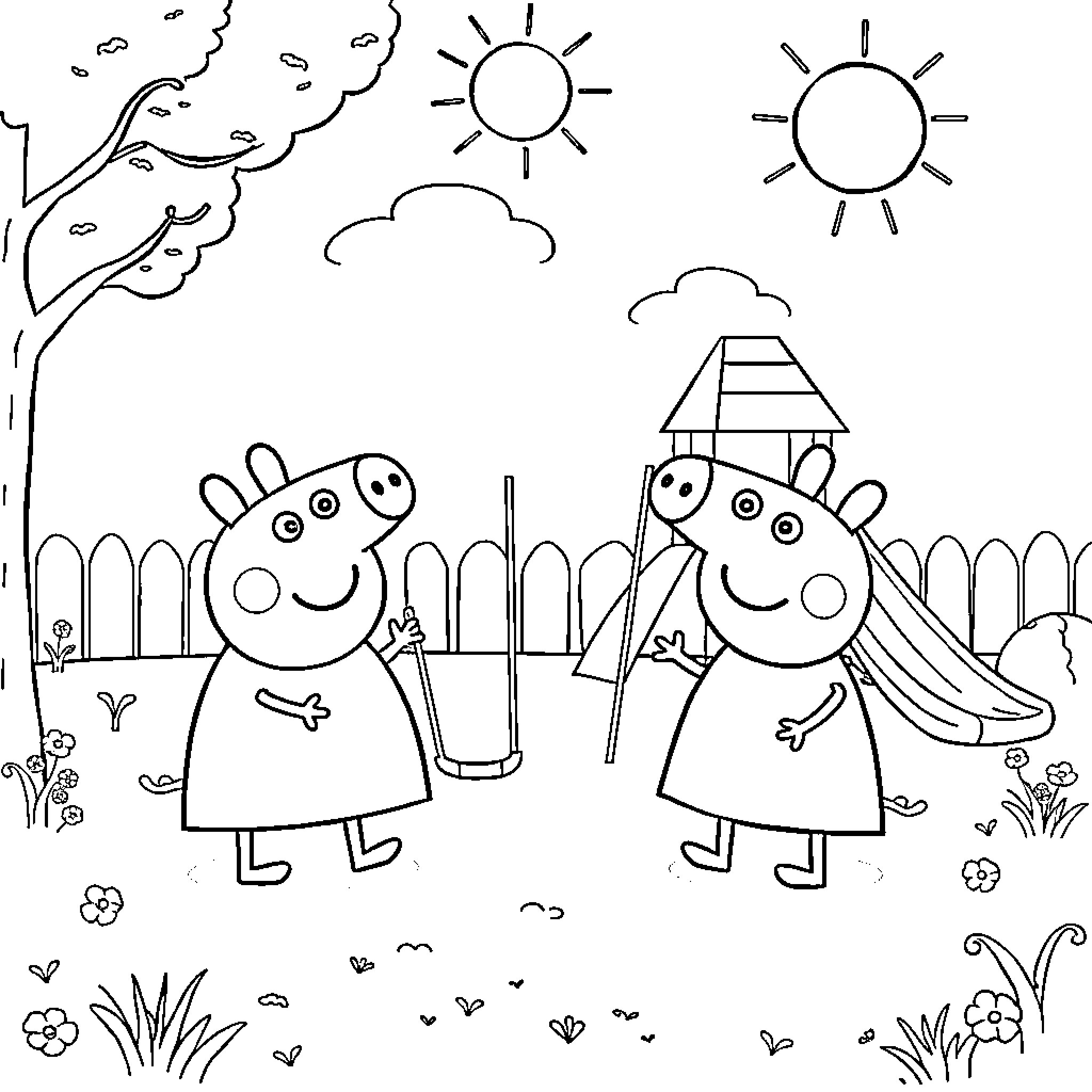 Peppa Pig and Friends Explore the Outdoors Coloring Page (free black-and-white line drawing printable PDF for all, from beginners to advanced learners, including children, teens, adults, and seniors)