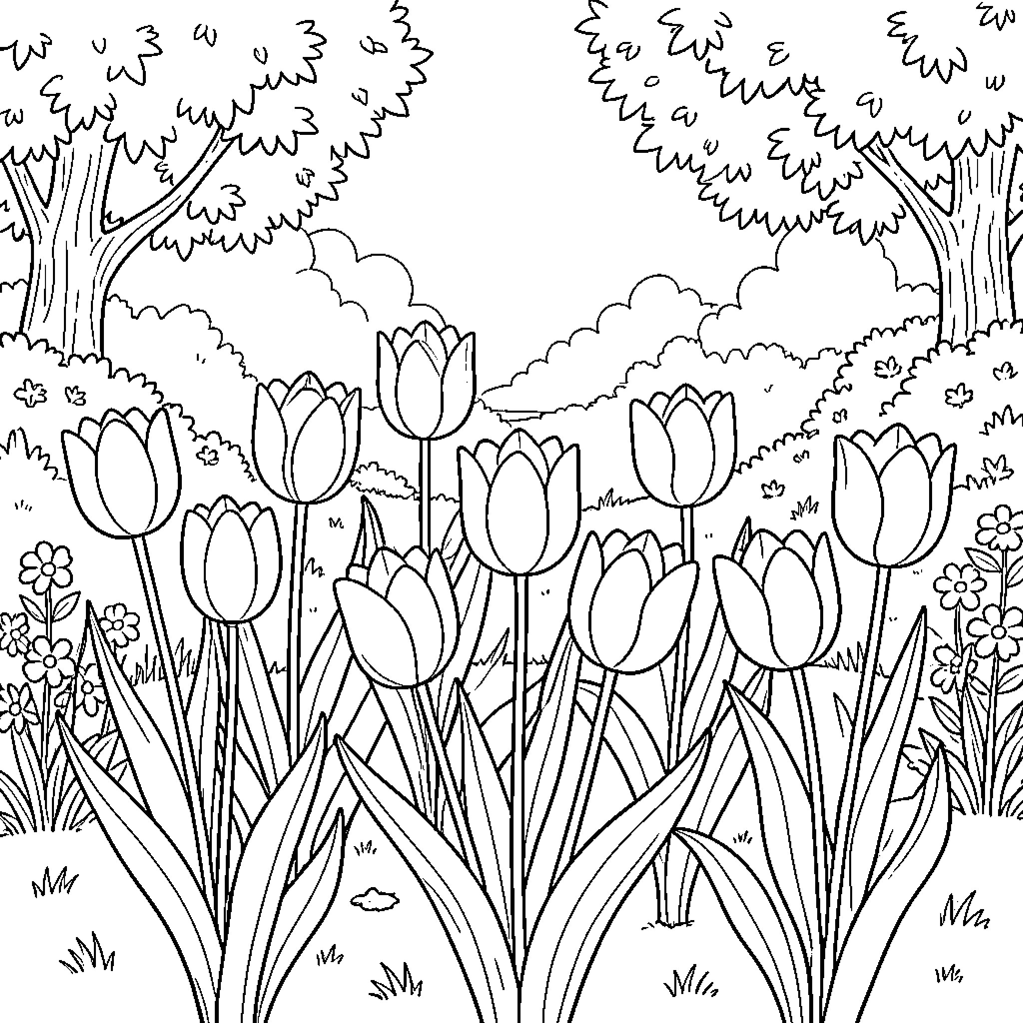 Tulip Garden Blooming Beautifully Coloring Page (free black-and-white line drawing printable PDF for all, from beginners to advanced learners, including children, teens, adults, and seniors)