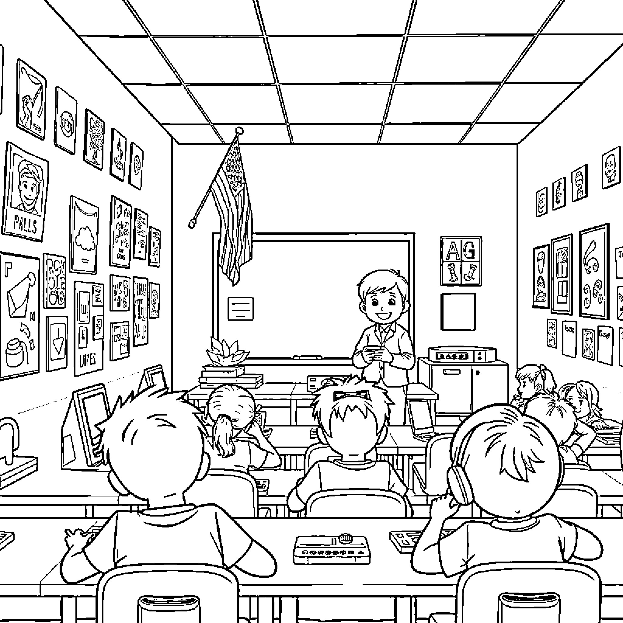 Classroom full of students engaged in learning Coloring Page (free black-and-white line drawing printable PDF for all, from beginners to advanced learners, including children, teens, adults, and seniors)