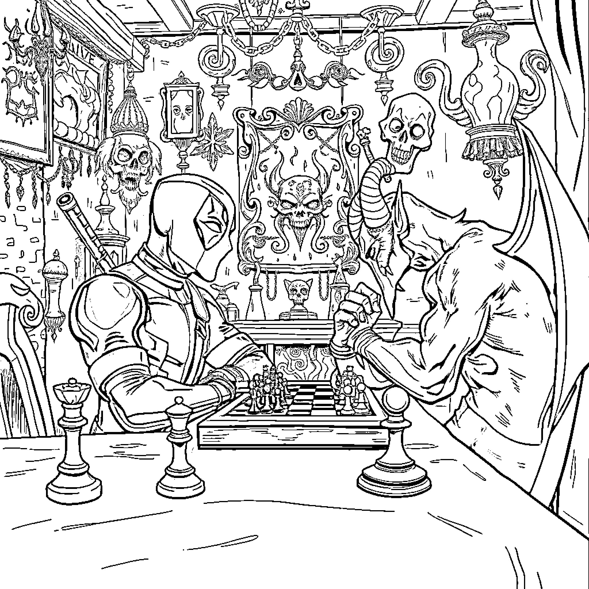 Deadpool and the Sinister Chessboard Coloring Page (free black-and-white line drawing printable PDF for all, from beginners to advanced learners, including children, teens, adults, and seniors)