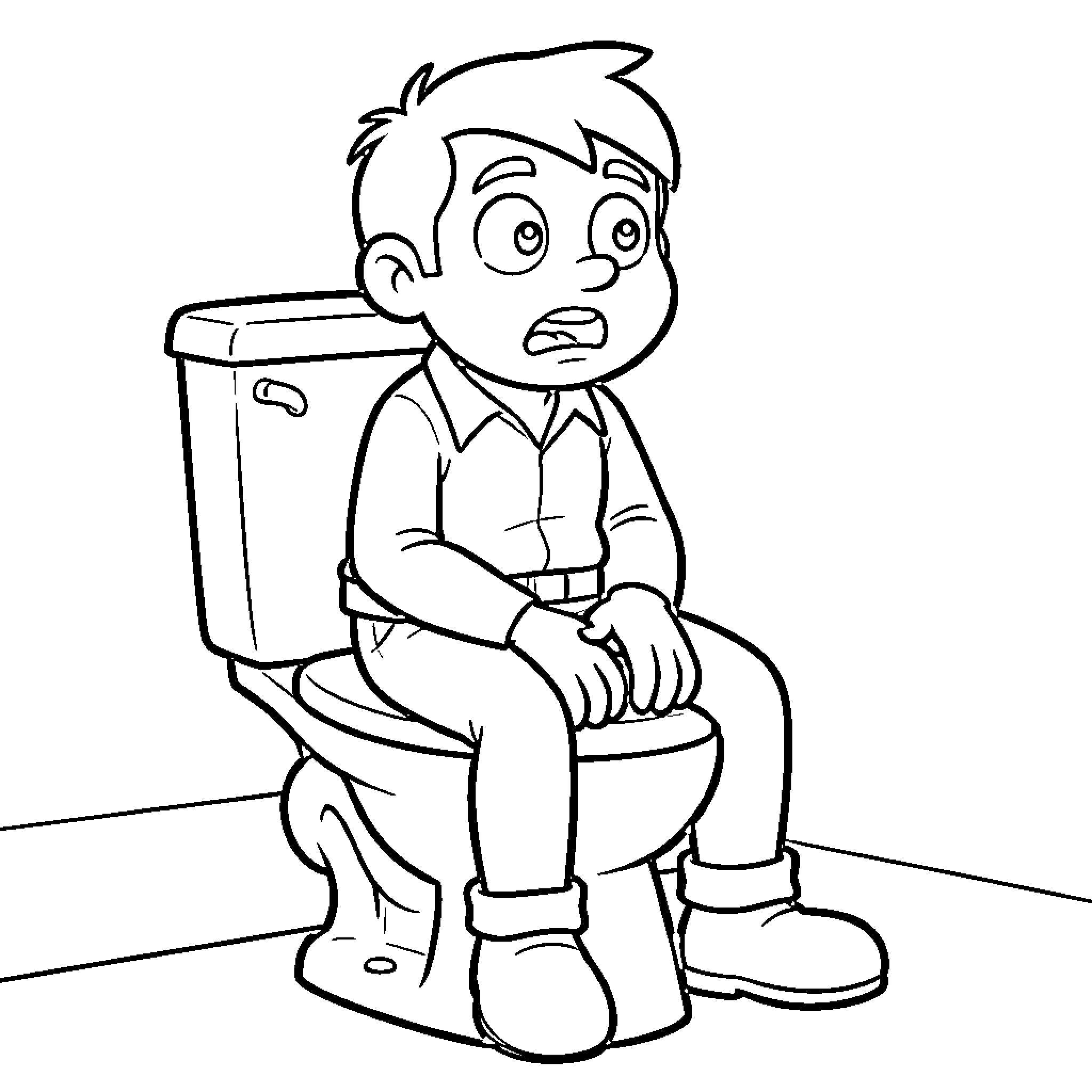 Marcus sitting on a toilet with a worried expression Coloring Page (free black-and-white line drawing printable PDF for all, from beginners to advanced learners, including children, teens, adults, and seniors)