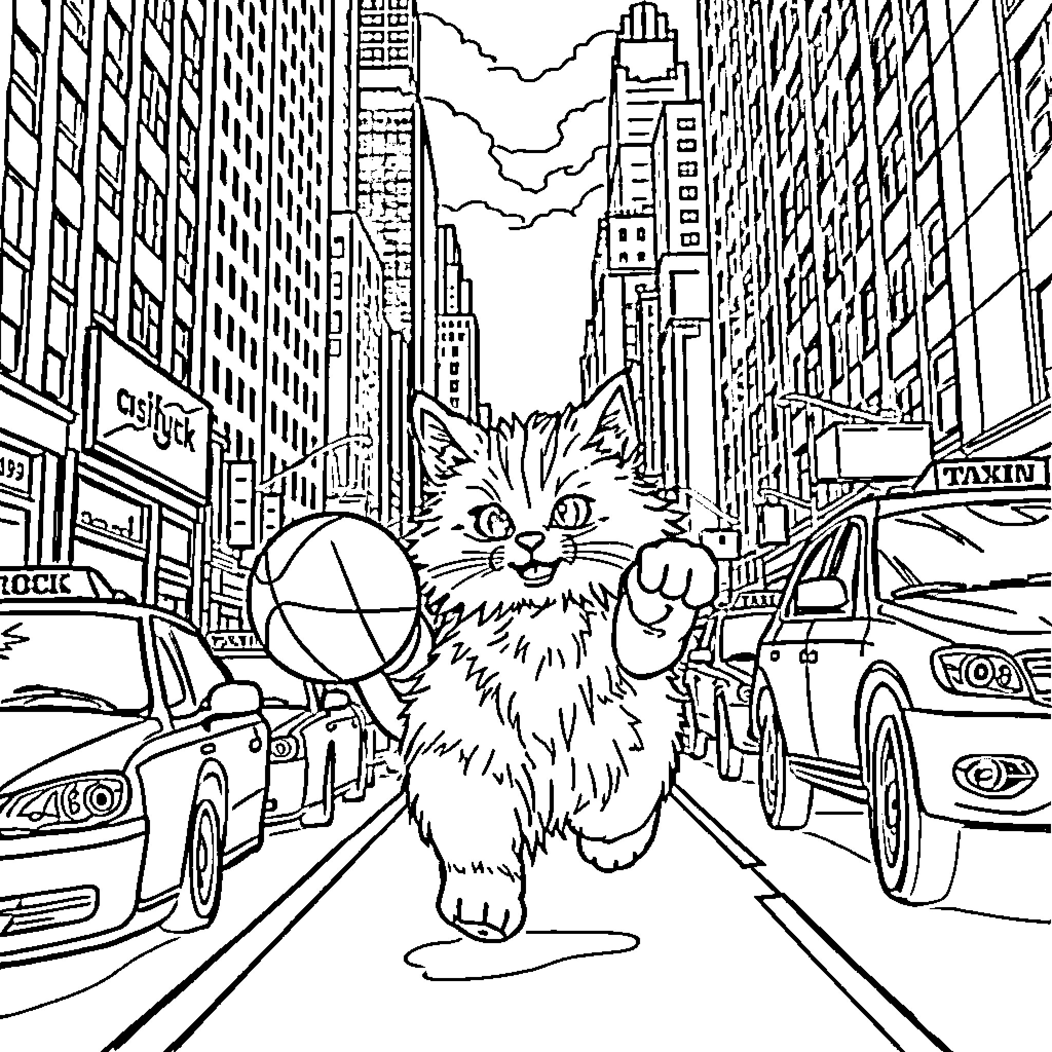 Cat exploring busy city streets Coloring Page (free black-and-white line drawing printable PDF for all, from beginners to advanced learners, including children, teens, adults, and seniors)