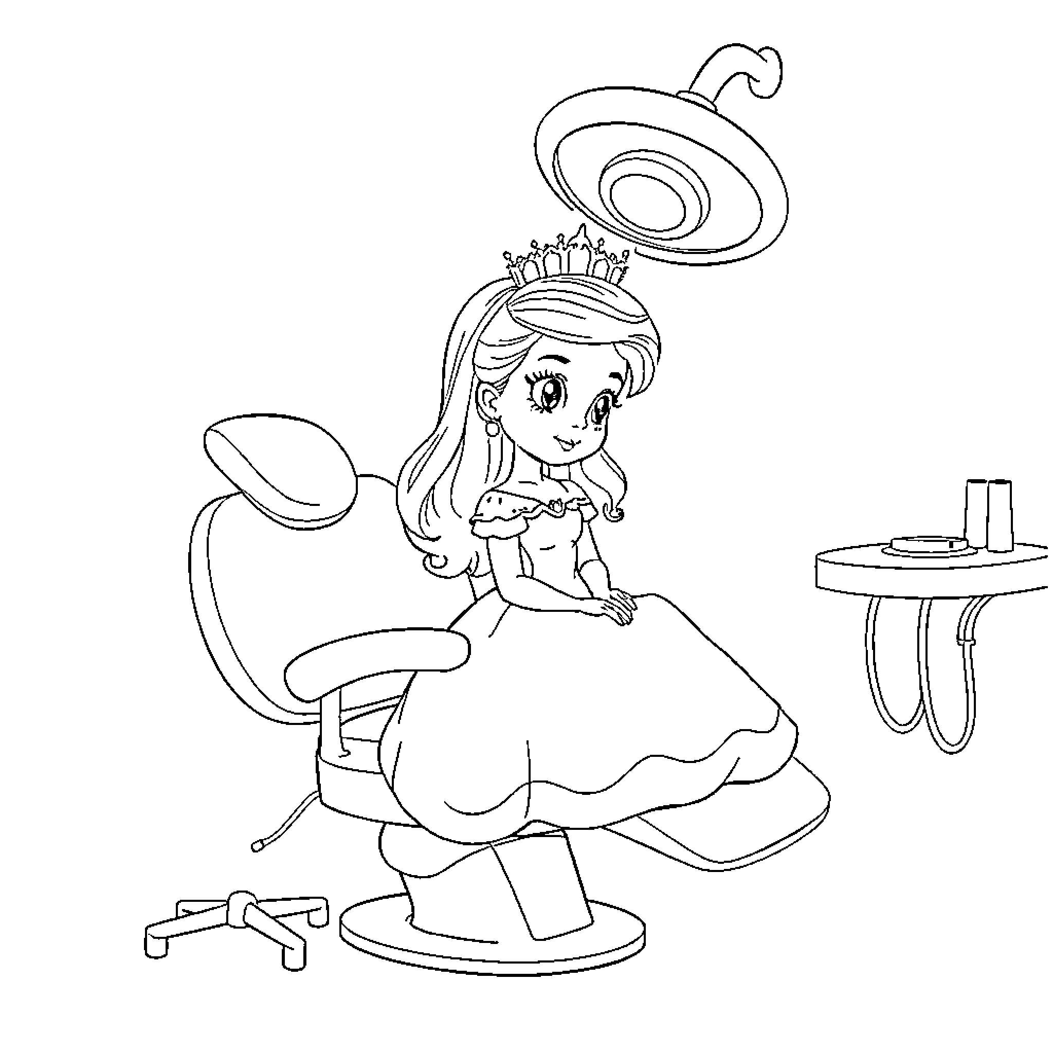 Princess Preparing for a Ball in Her Room Coloring Page (free black-and-white line drawing printable PDF for all, from beginners to advanced learners, including children, teens, adults, and seniors)