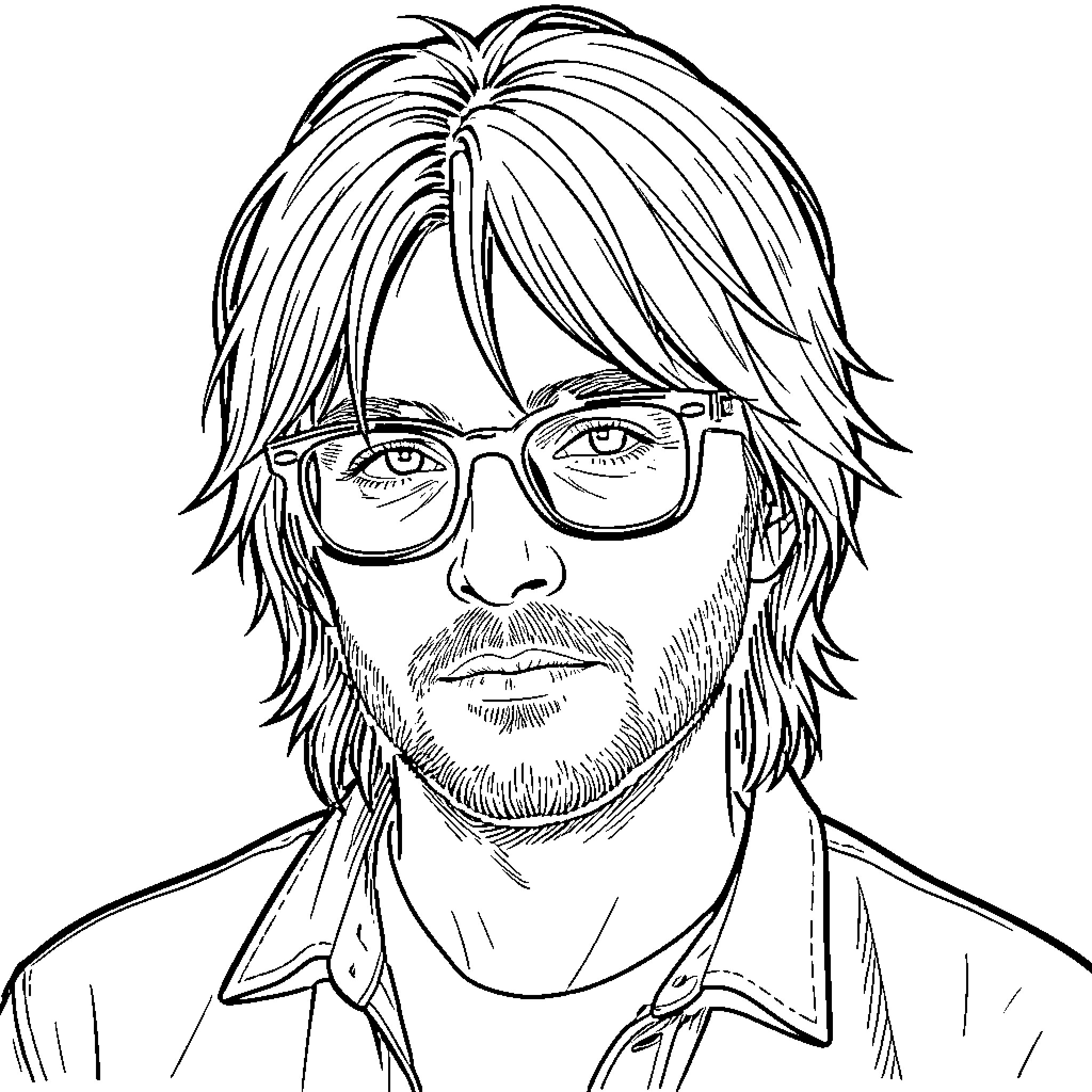 Kurt Cobain wearing glasses with a neutral expression Coloring Page (free black-and-white line drawing printable PDF for all, from beginners to advanced learners, including children, teens, adults, and seniors)
