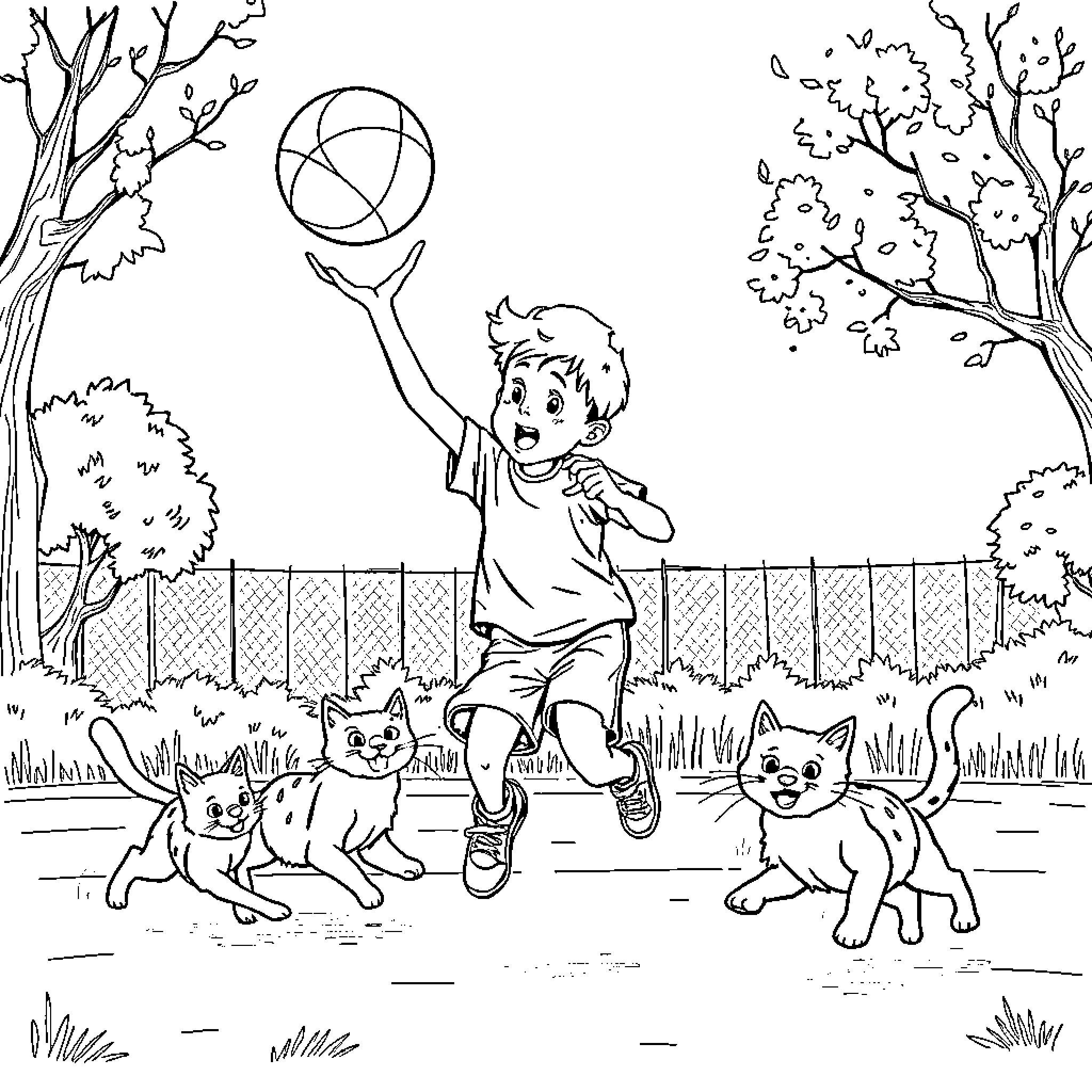 Boy playing with ball and chasing cats in the park Coloring Page (free black-and-white line drawing printable PDF for all, from beginners to advanced learners, including children, teens, adults, and seniors)