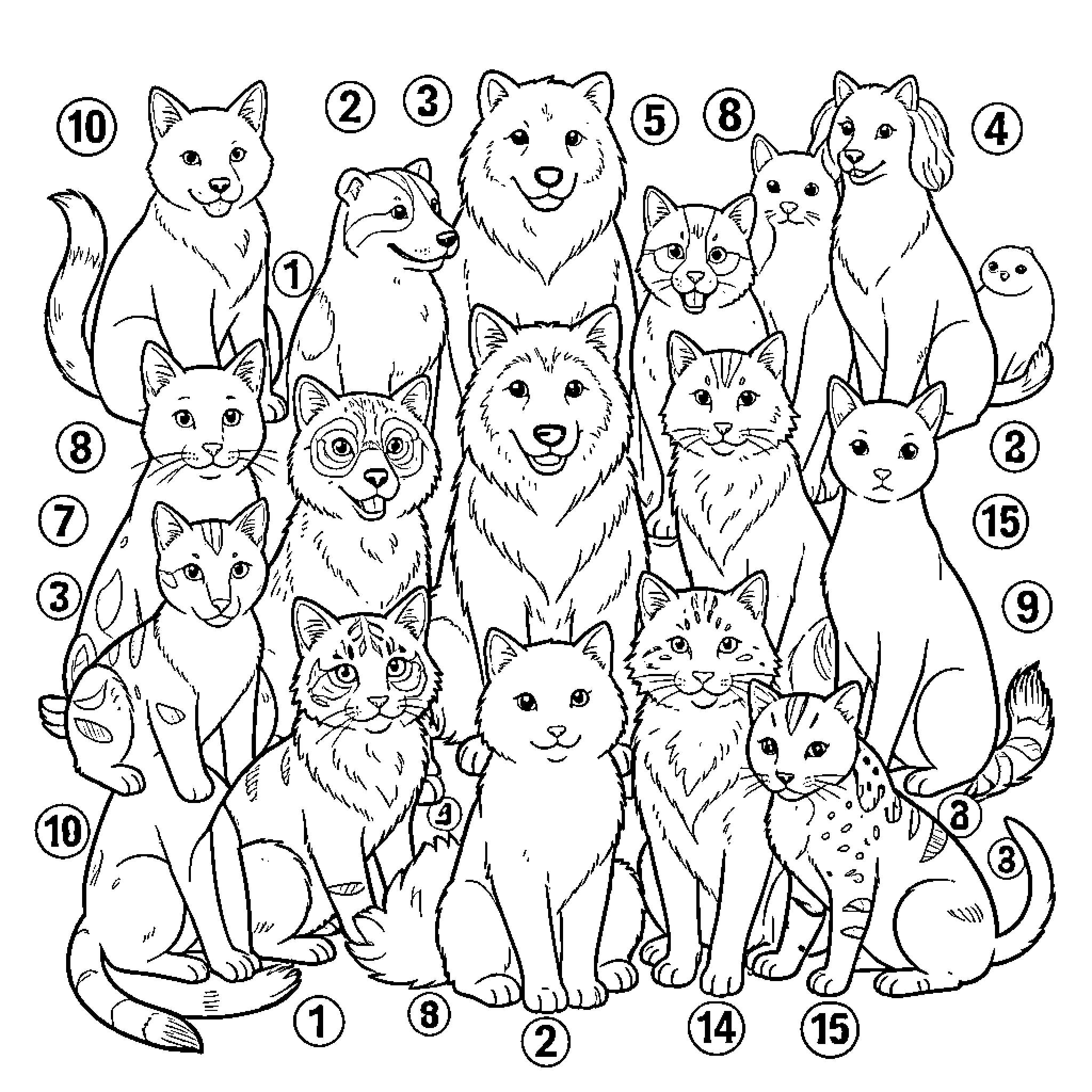 Animal group posing together in a dense crowd Coloring Page (free black-and-white line drawing printable PDF for all, from beginners to advanced learners, including children, teens, adults, and seniors)