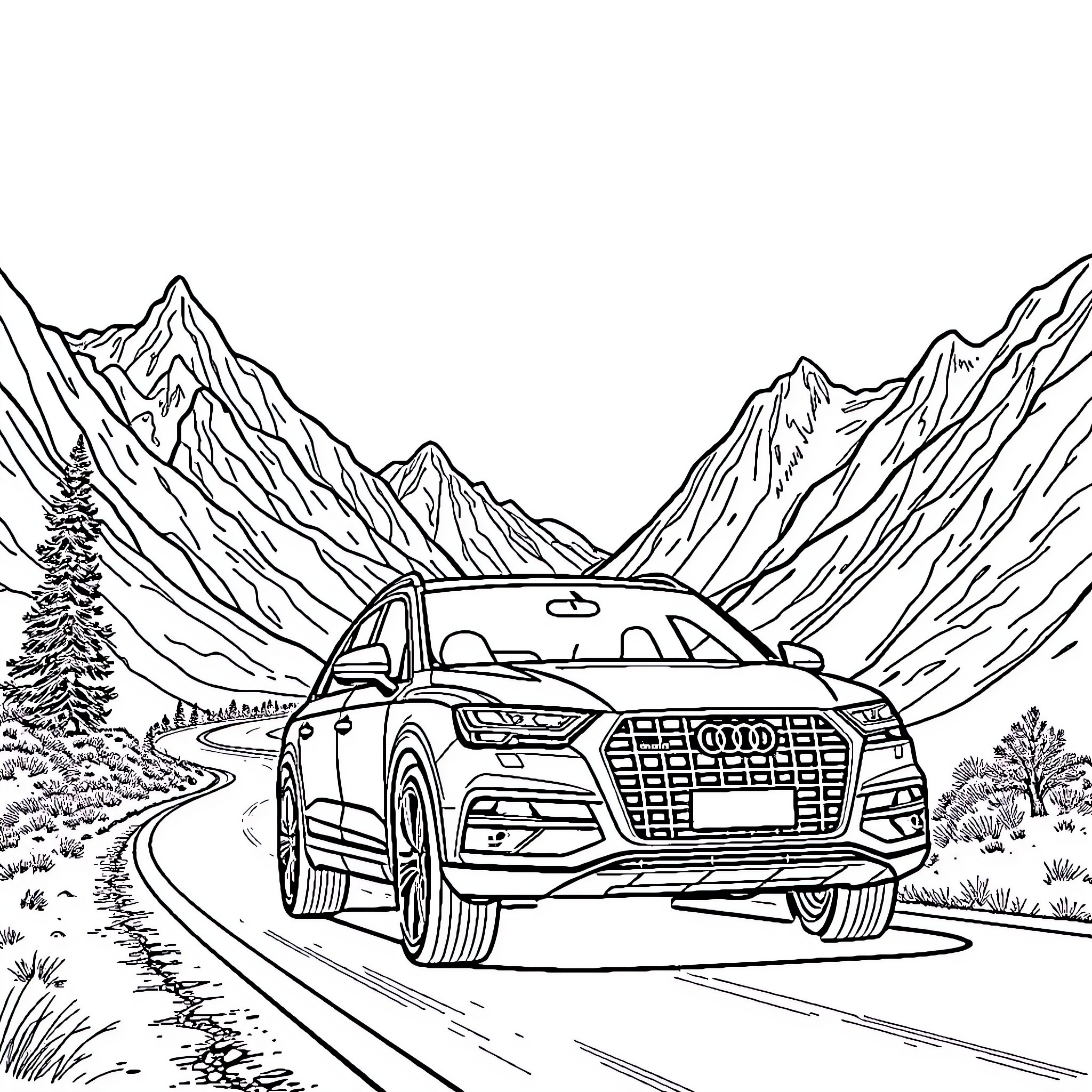 Audi SUV exploring rugged mountain terrain Coloring Page (free black-and-white line drawing printable PDF for all, from beginners to advanced learners, including children, teens, adults, and seniors)