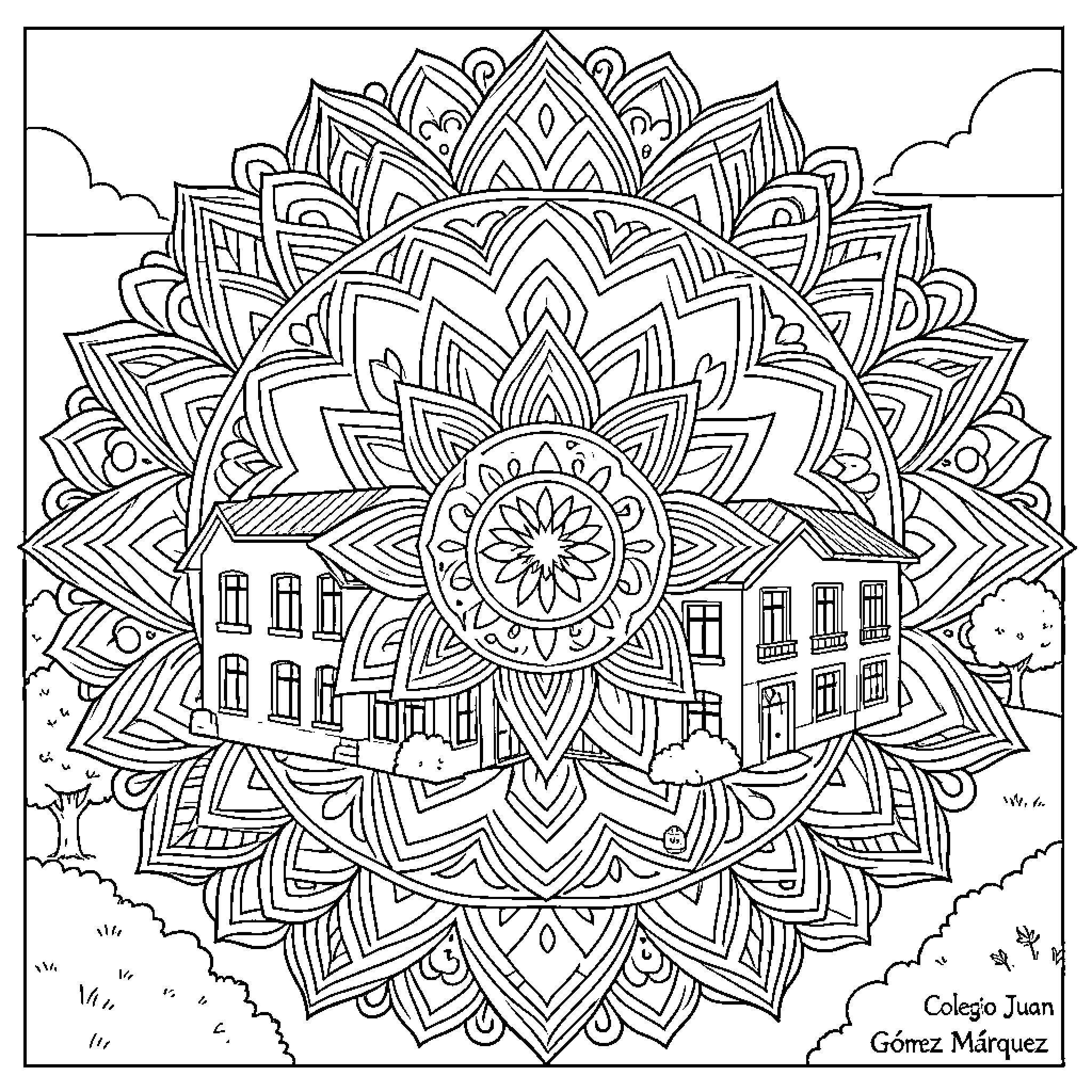 Mandala featuring a peaceful house in a landscape Coloring Page (free black-and-white line drawing printable PDF for all, from beginners to advanced learners, including children, teens, adults, and seniors)