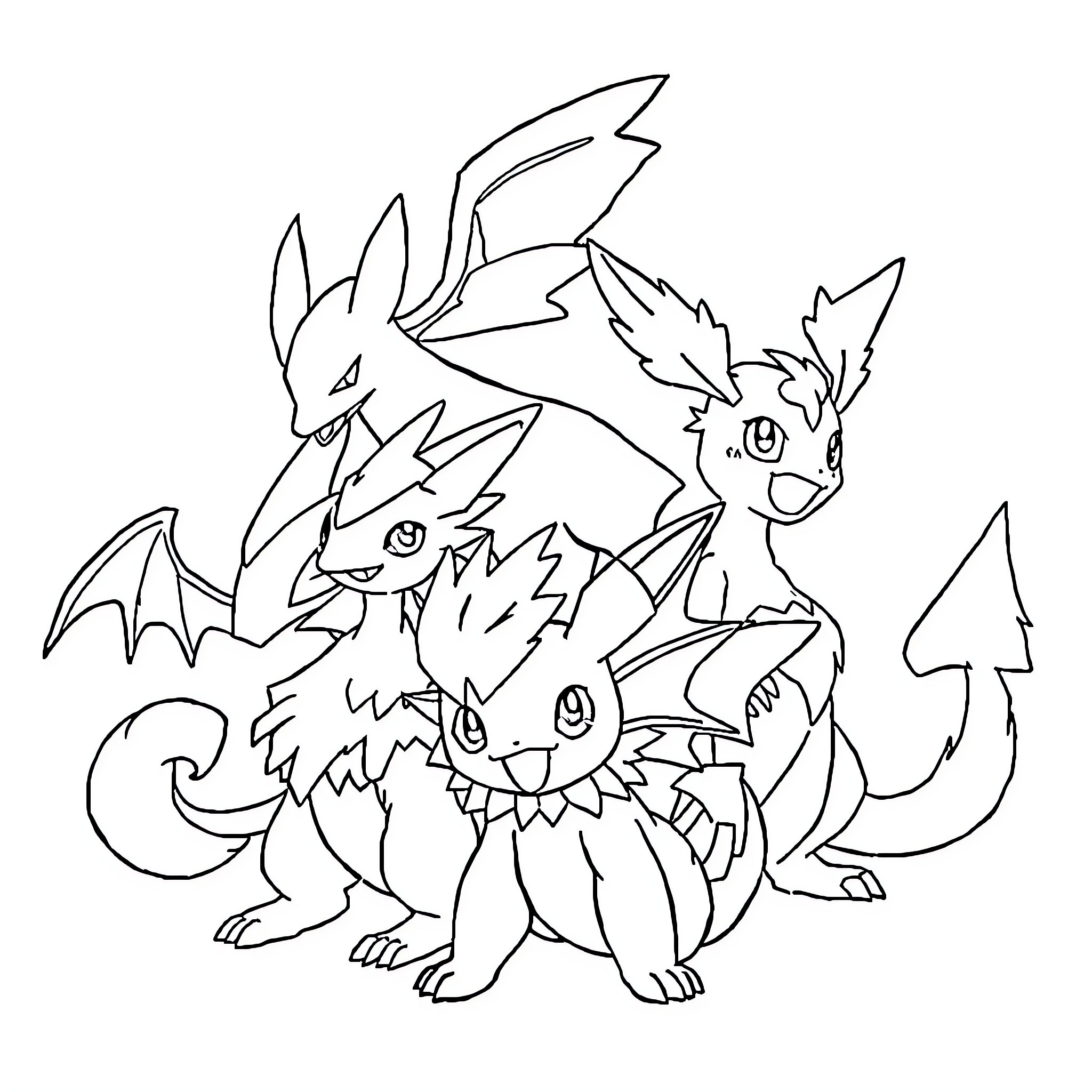 Pokémon characters in animated poses Coloring Page (free black-and-white line drawing printable PDF for all, from beginners to advanced learners, including children, teens, adults, and seniors)