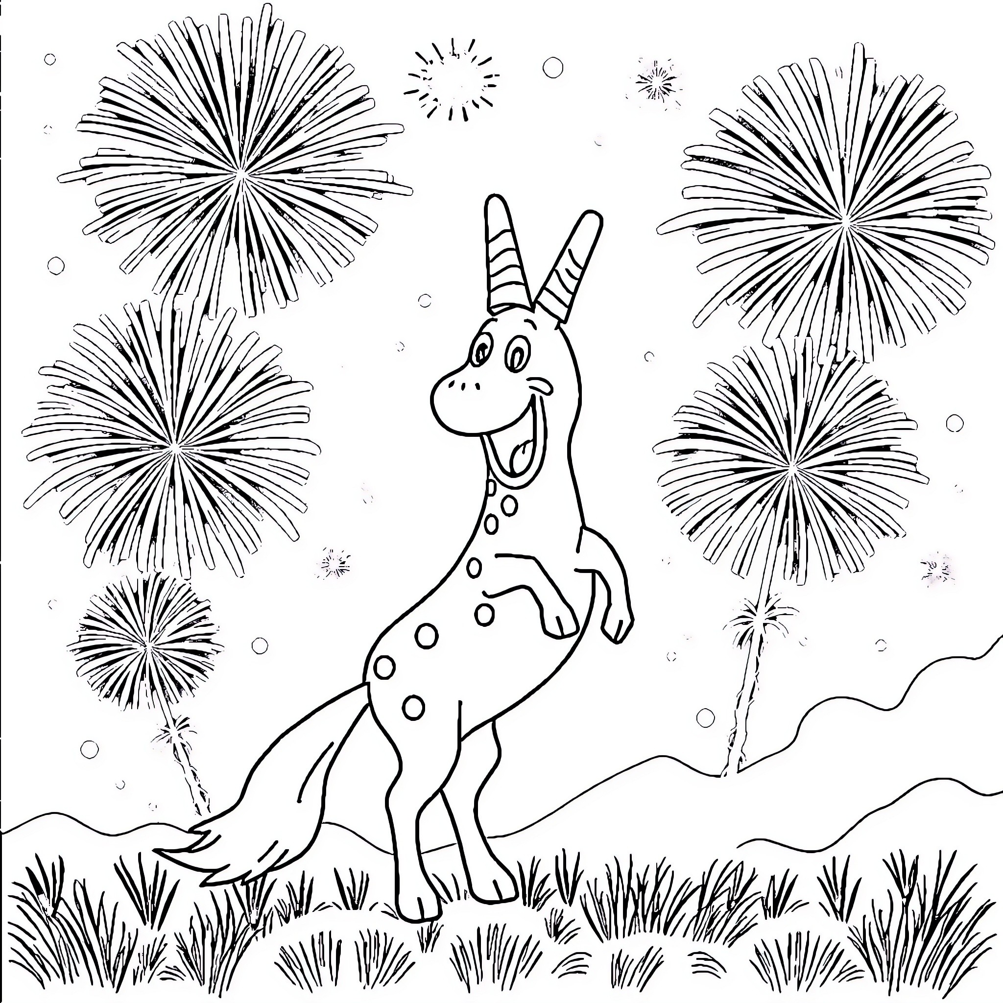 Forky enjoys a fireworks display in the night sky Coloring Page (free black-and-white line drawing printable PDF for all, from beginners to advanced learners, including children, teens, adults, and seniors)